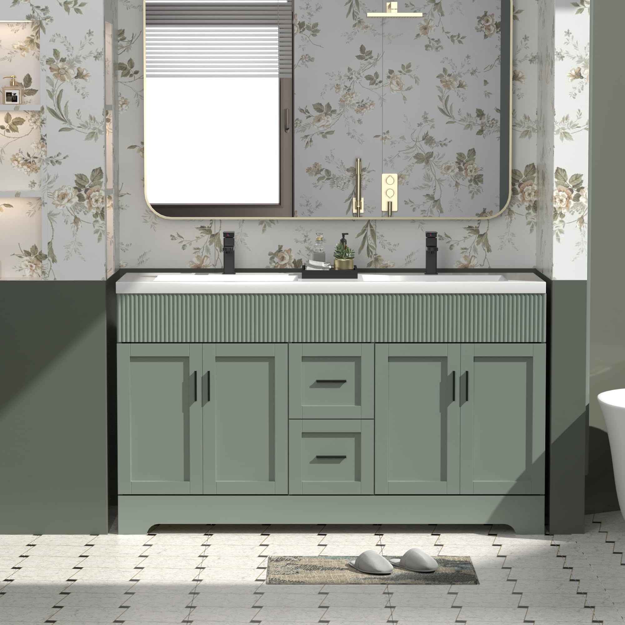 eclife 36" Bathroom Vanities Sink Combo with Painted Surface, Modern Drawered Cabinet W/Decorative Wave Lines, Undermount Single Sink, Matte Black Faucet Drain, Gray Green