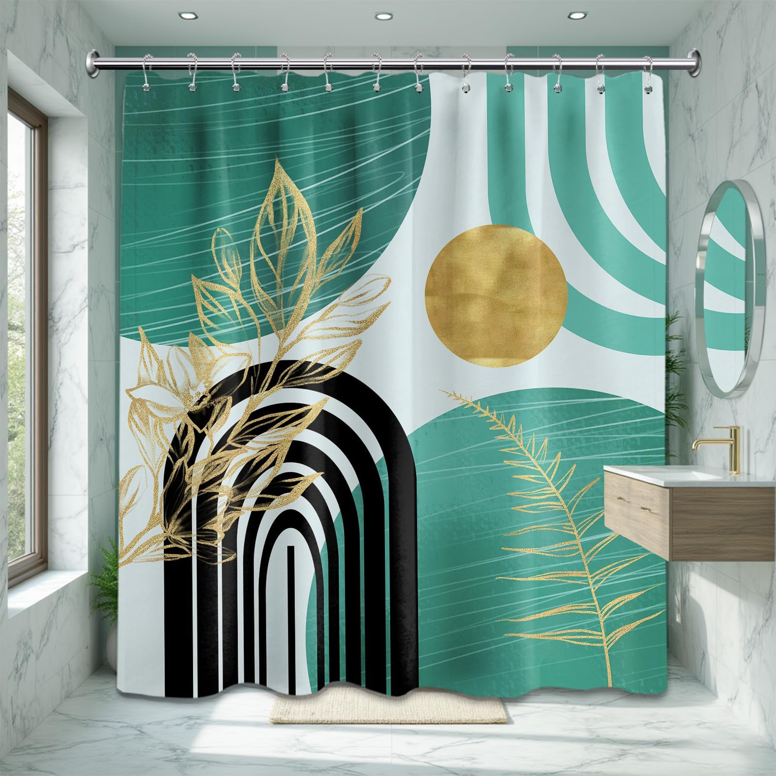 Mid Century Modern Black and Brown Shower Curtain Boho Beige and Dark Tan Gold Shower Curtains for Mens Bathroom Decor Sets, Waterproof Cloth Fabric with Hooks, 70x72in