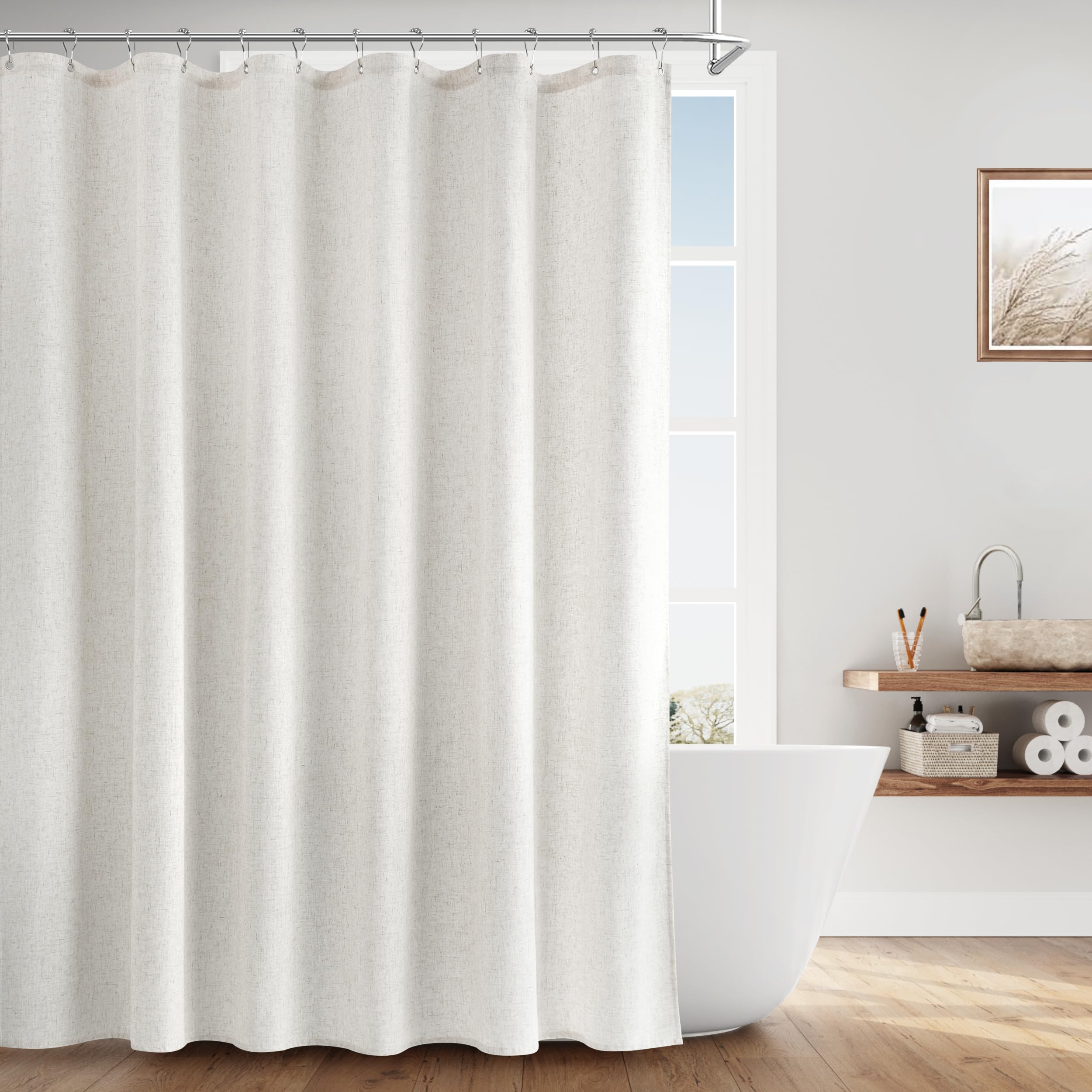 Naturoom Natural Linen Shower Curtain, Country Boho Farmhouse Bath Decor Beige Shower Curtains for Bathroom Neutral Cloth Weighted Textured Fabric Bath Curtain Liner with Hooks, Cream, 72 Inch
