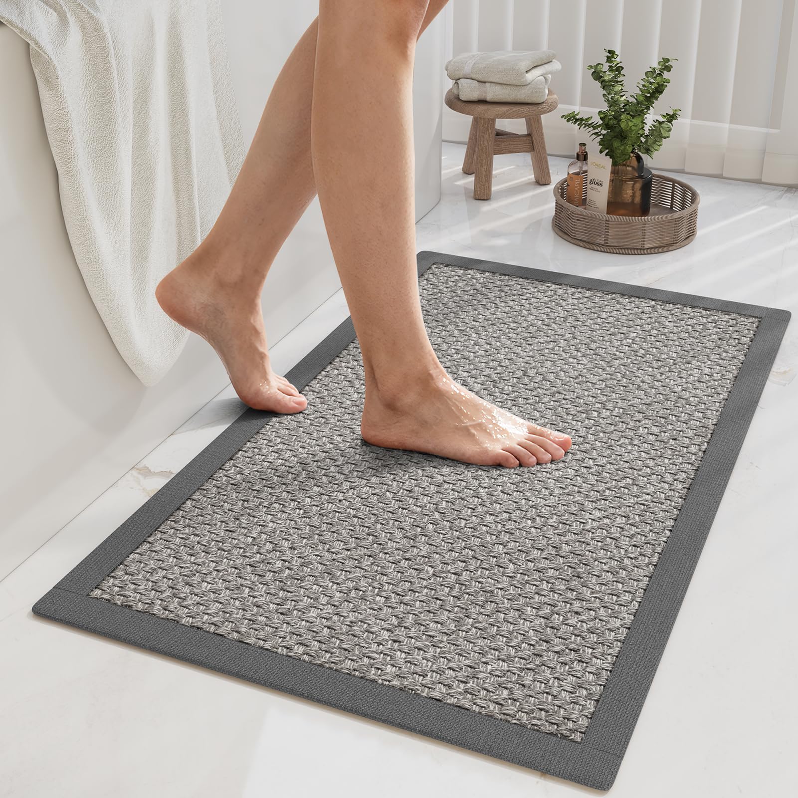 YDKGL Non Slip Bath Mat, Rubber Backing Ultra Thin Bathroom Rugs Fit Under Door Quick Dry Super Absorbent Washable Bath Rug Shower Mat for Bathroom Floor Bathtub Shower Sink, Easy Care Beige 16"x 24"