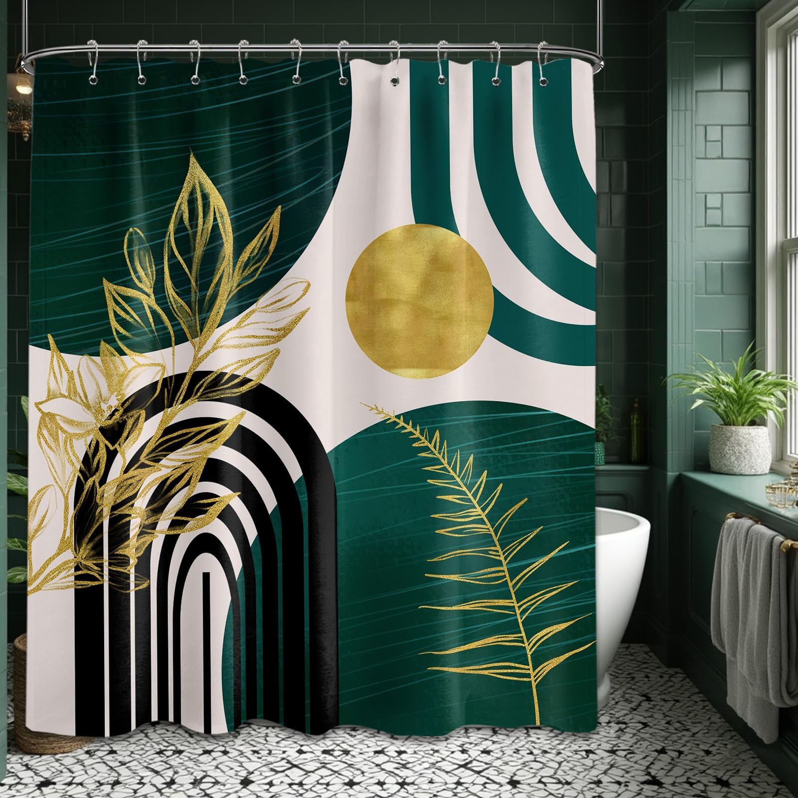 Mid Century Modern Black and Brown Shower Curtain Boho Beige and Dark Tan Gold Shower Curtains for Mens Bathroom Decor Sets, Waterproof Cloth Fabric with Hooks, 70x72in