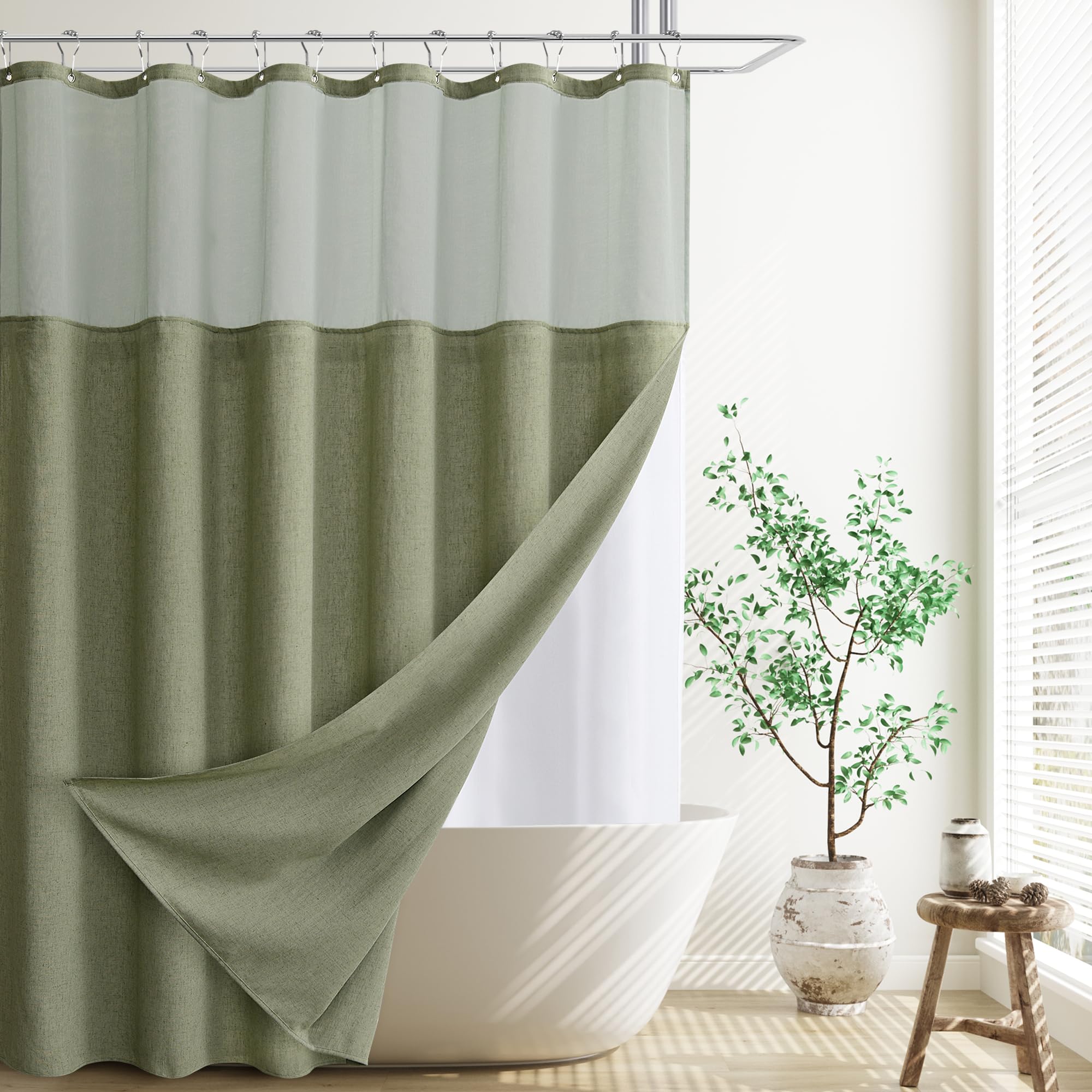 Naturoom Natural Linen Shower Curtain, Country Boho Farmhouse Bath Decor Beige Shower Curtains for Bathroom Neutral Cloth Weighted Textured Fabric Bath Curtain Liner with Hooks, Cream, 72 Inch