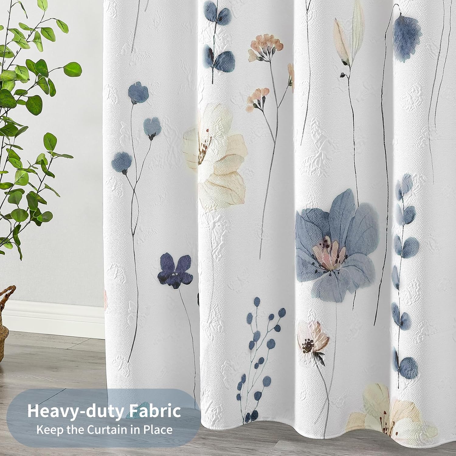 QiyI Watercolor Floral Shower Curtain, 3D Embossed Butterflies Grey Beige Flower Bathroom Curtains, Minimalist White Cloth Bath Curtain, Waterproof Fabric Textured Shower Curtain Set with Hooks, 72x72