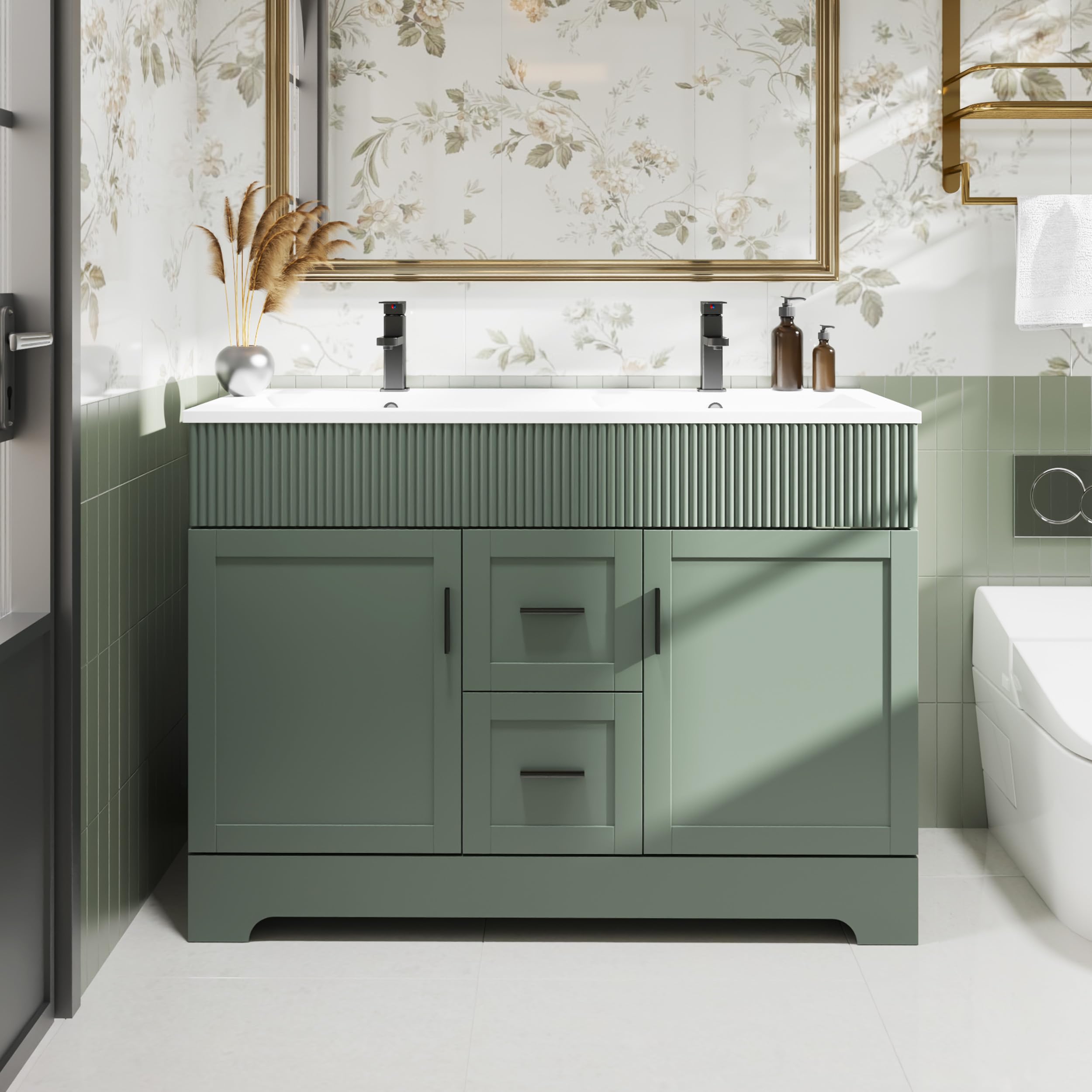 eclife 36" Bathroom Vanities Sink Combo with Painted Surface, Modern Drawered Cabinet W/Decorative Wave Lines, Undermount Single Sink, Matte Black Faucet Drain, Gray Green