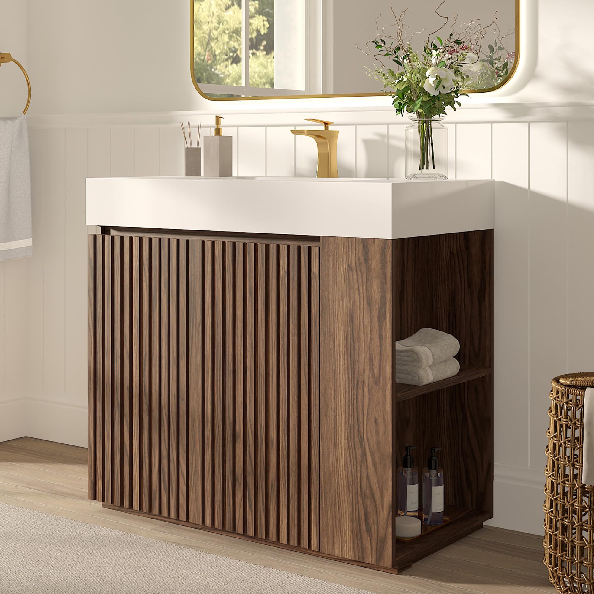 60" Bathroom Vanity with Double Sink, Freestanding Double Sink Bathroom Vanity with White Engineered Stone Top, Open Storage Cabinet & Adjustable Shelf, 4 Soft-Closing Doors, Smoked Oak Brown