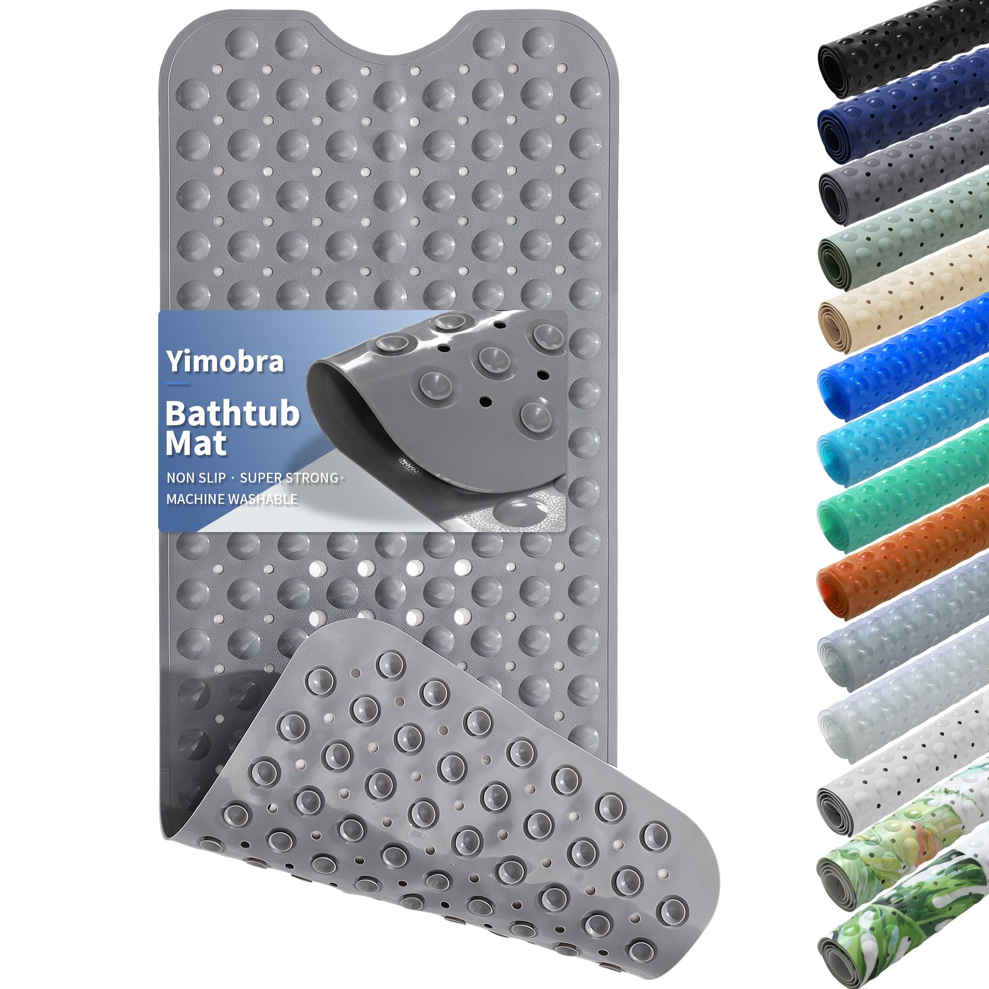 Yimobra Non Slip Bathtub Mat 40"x16", Super Strong Suction Cups, Extra Long Shower Mat with Drain Holes, Machine Washable Fast Draining Bathroom Floor Mat, Clear Grey