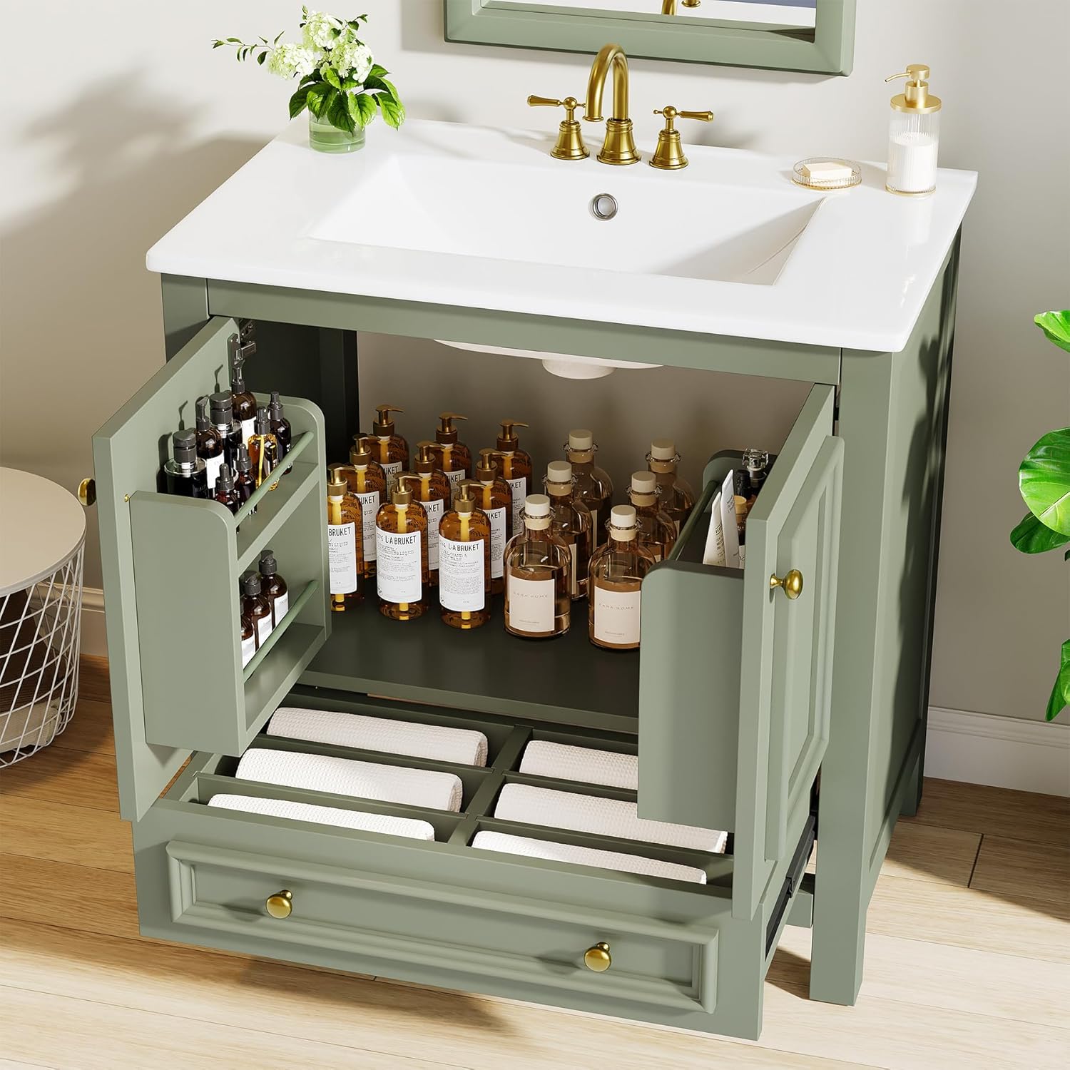 Tribesigns 30" Modern Bathroom Vanity with Sink, Freestanding Bathroom Vanities Cabinet with Ceramic Basin Combo, Bathroom Sink Cabinet with 2 Doors and 1 Drawer, Solid Wooden Frame, Olive Green
