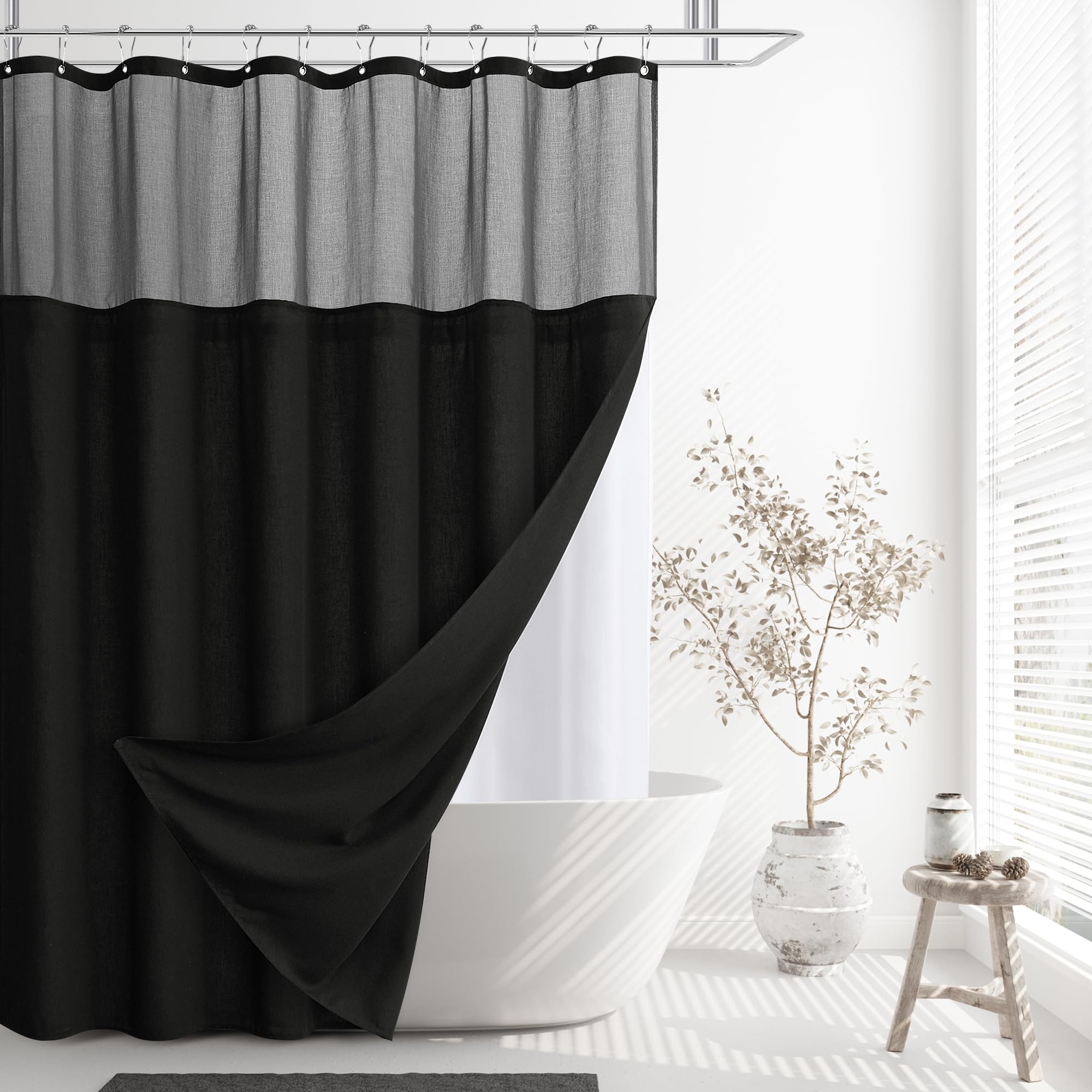 Naturoom Natural Linen Shower Curtain, Country Boho Farmhouse Bath Decor Beige Shower Curtains for Bathroom Neutral Cloth Weighted Textured Fabric Bath Curtain Liner with Hooks, Cream, 72 Inch