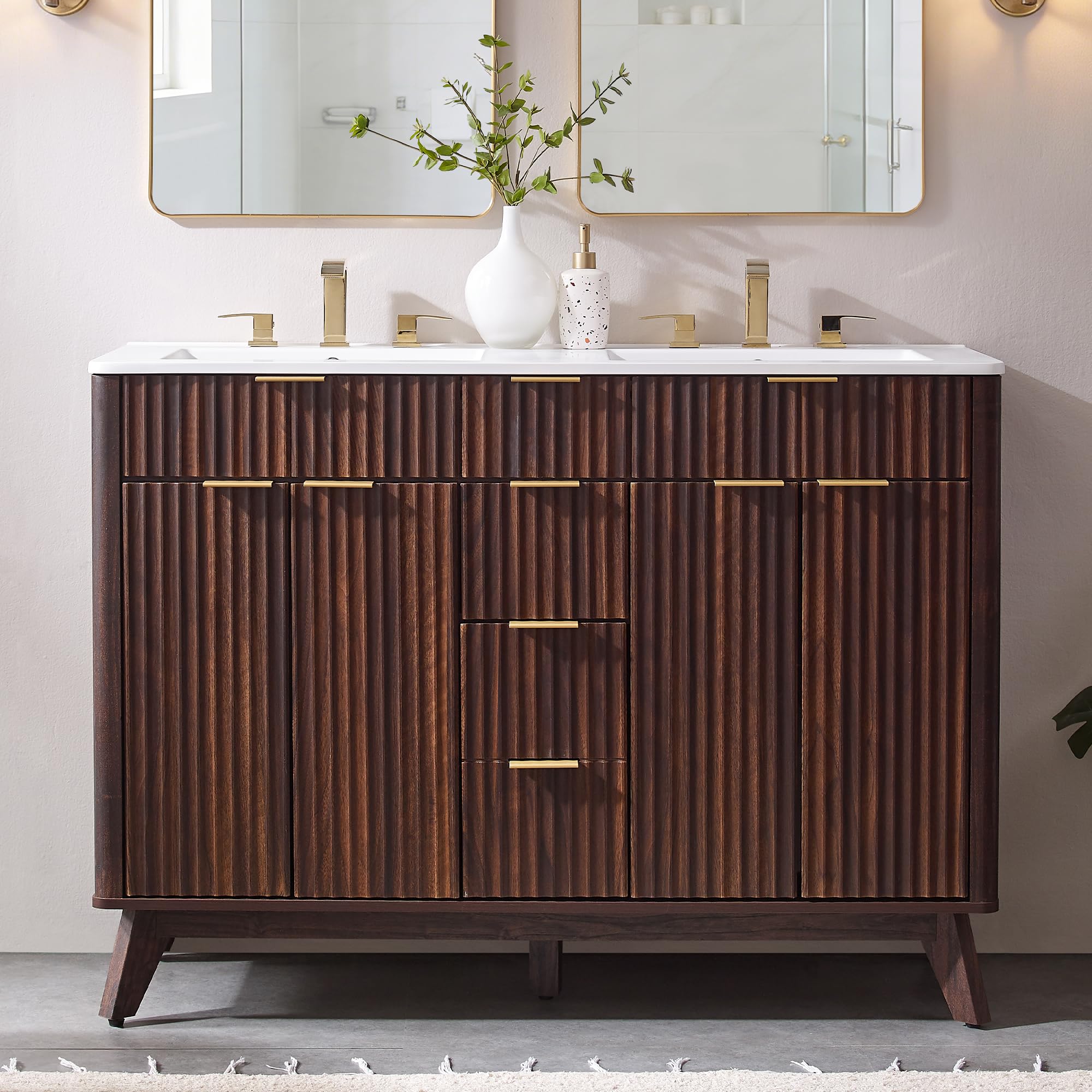 T4TREAM 30" Fluted Bathroom Vanity with Ceramic Sink Combo，Freestanding Modern Bathroom Storage Vanity Cabinet with 2 Soft Closing Doors & 3 Drawers，Wood Grain Texture，Metal Handle，Natural Oak | Fluted, Freestanding, Modern, Bathroom Storage, Vanity Cabin