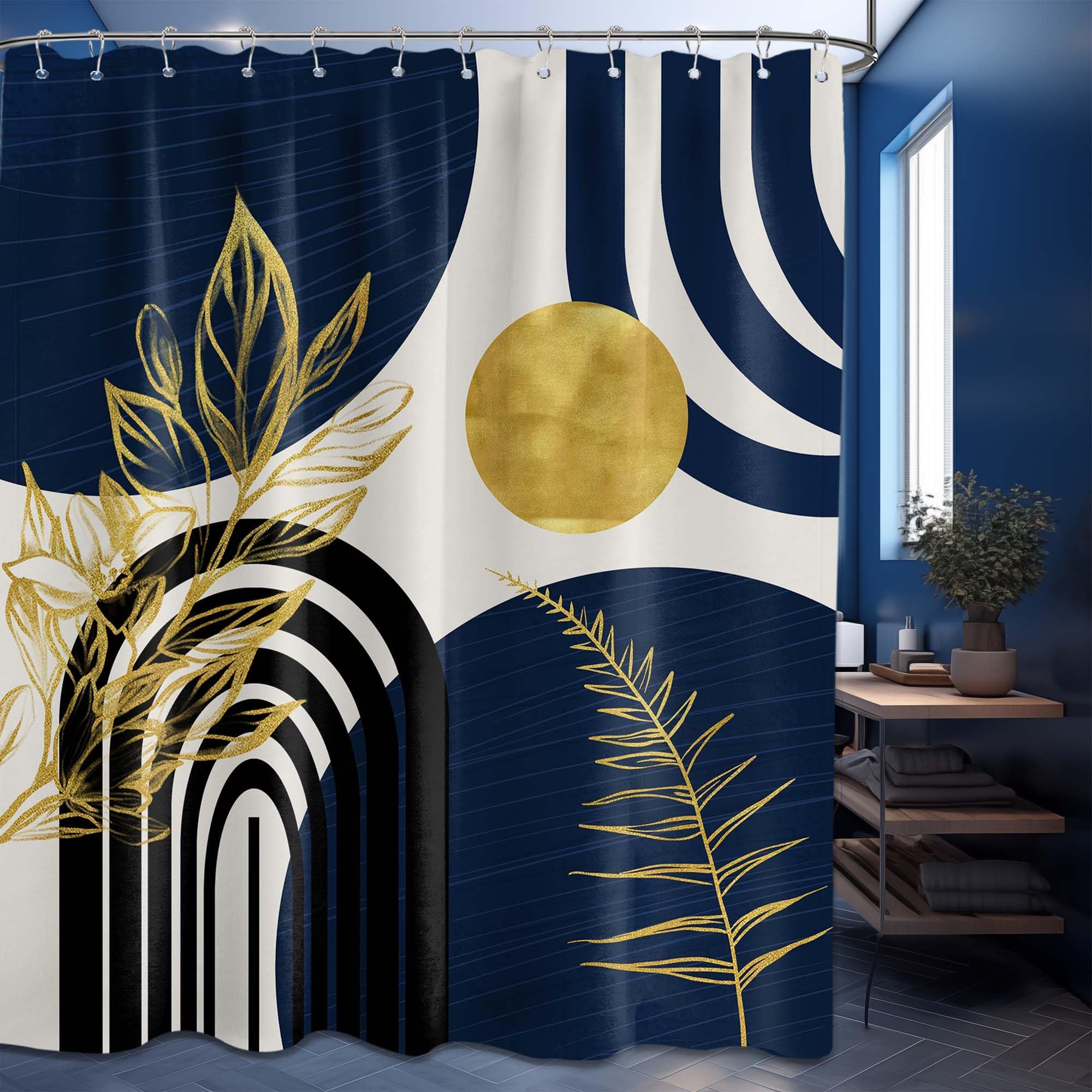 Mid Century Modern Black and Brown Shower Curtain Boho Beige and Dark Tan Gold Shower Curtains for Mens Bathroom Decor Sets, Waterproof Cloth Fabric with Hooks, 70x72in