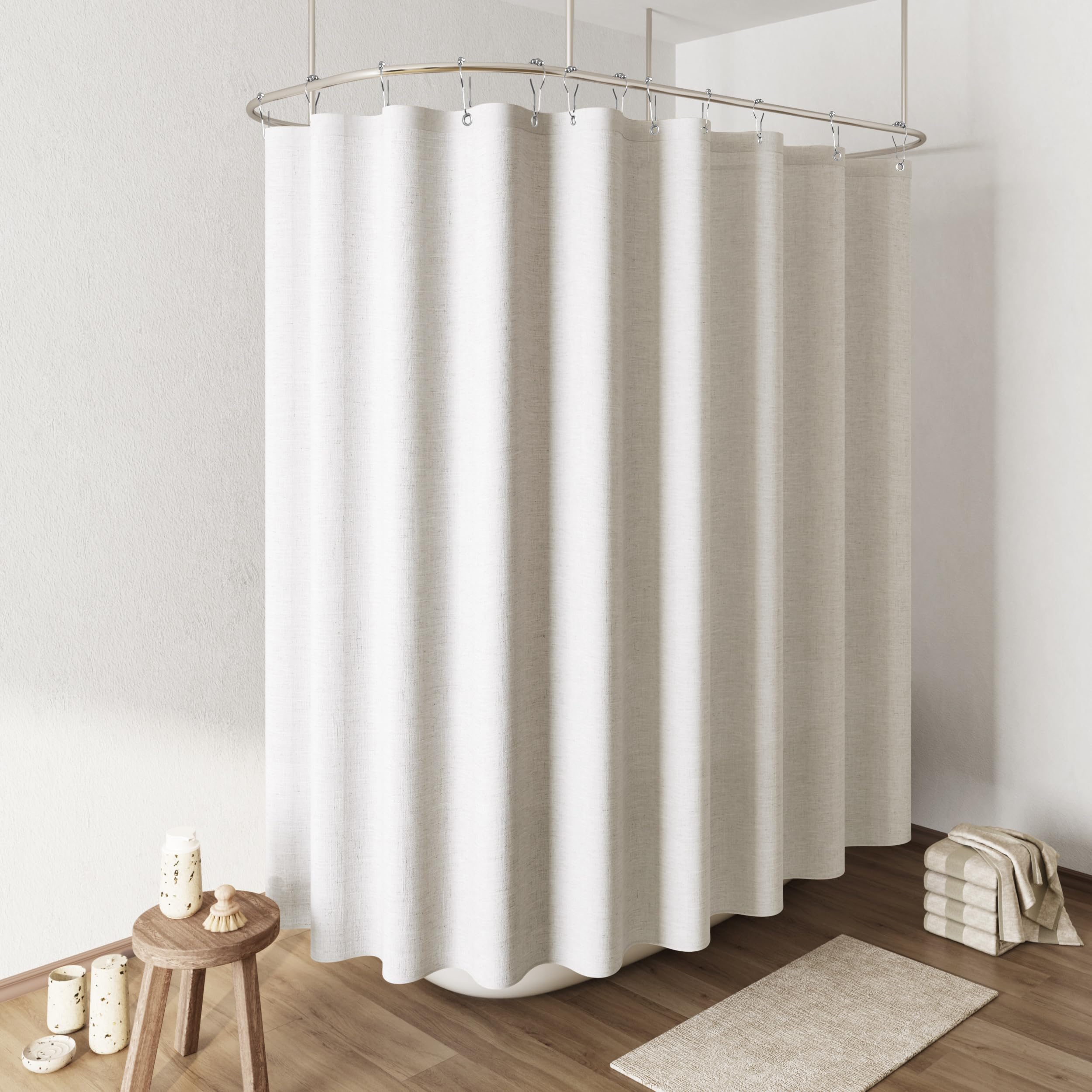 Naturoom Natural Linen Shower Curtain, Country Boho Farmhouse Bath Decor Beige Shower Curtains for Bathroom Neutral Cloth Weighted Textured Fabric Bath Curtain Liner with Hooks, Cream, 72 Inch