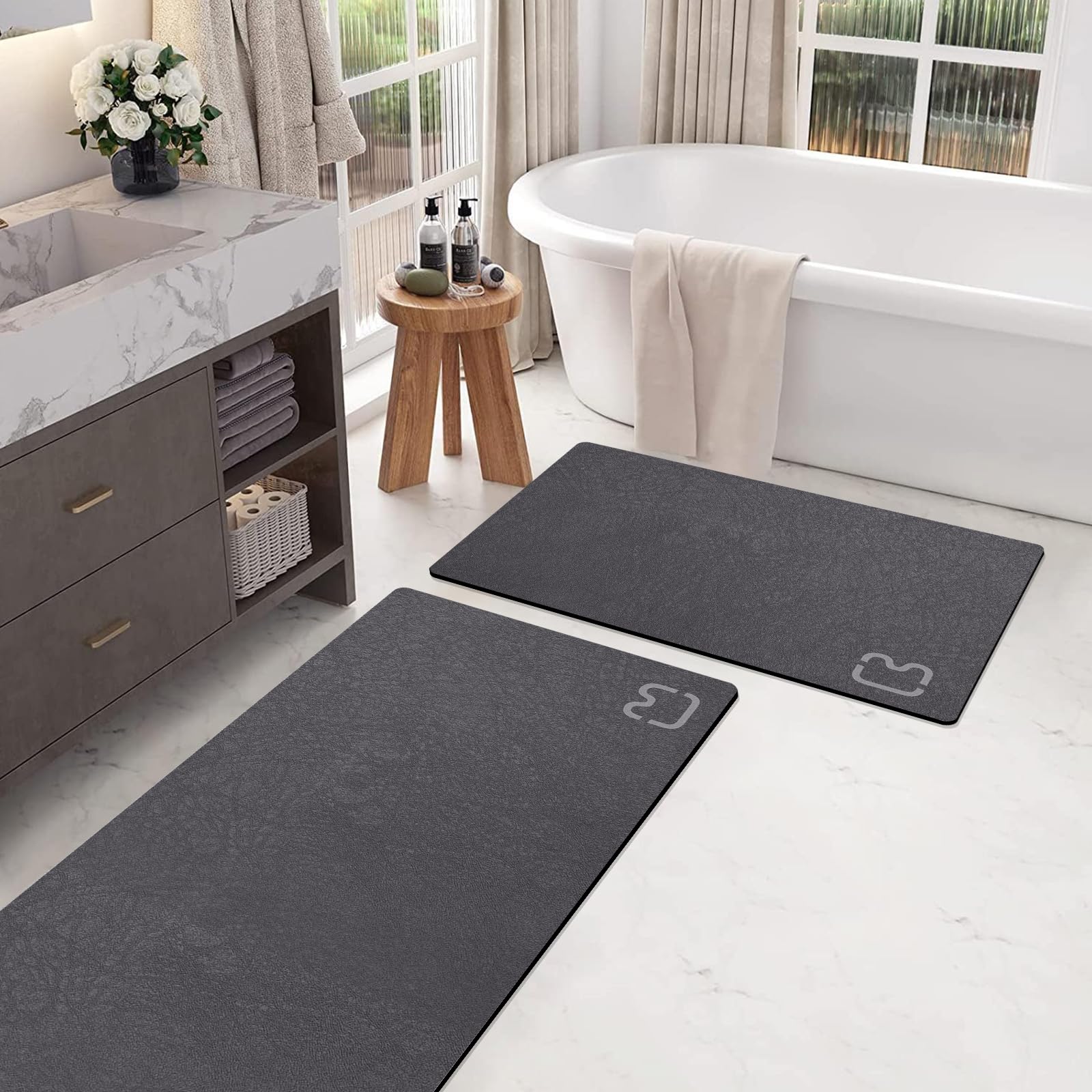 Bathroom Runner Mat Rugs Long Diatomite Stone Bath Mat Large Super Absorbent Diatomaceous Earth Bath Mat Non Slip Rubber Backed Fast Dry Shower Mat Thin Bathroom Rugs Floor Mat,15.7"x47.2",Grey