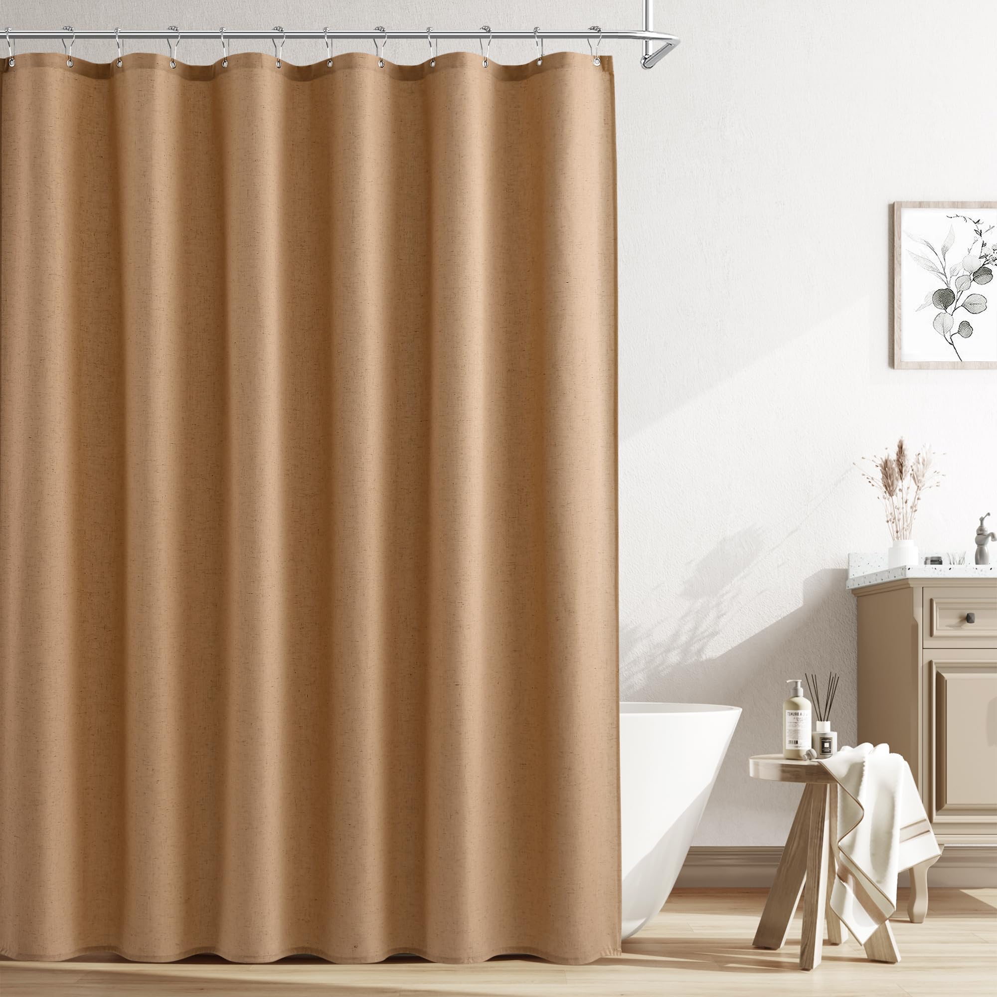 Naturoom Natural Linen Shower Curtain, Country Boho Farmhouse Bath Decor Beige Shower Curtains for Bathroom Neutral Cloth Weighted Textured Fabric Bath Curtain Liner with Hooks, Cream, 72 Inch