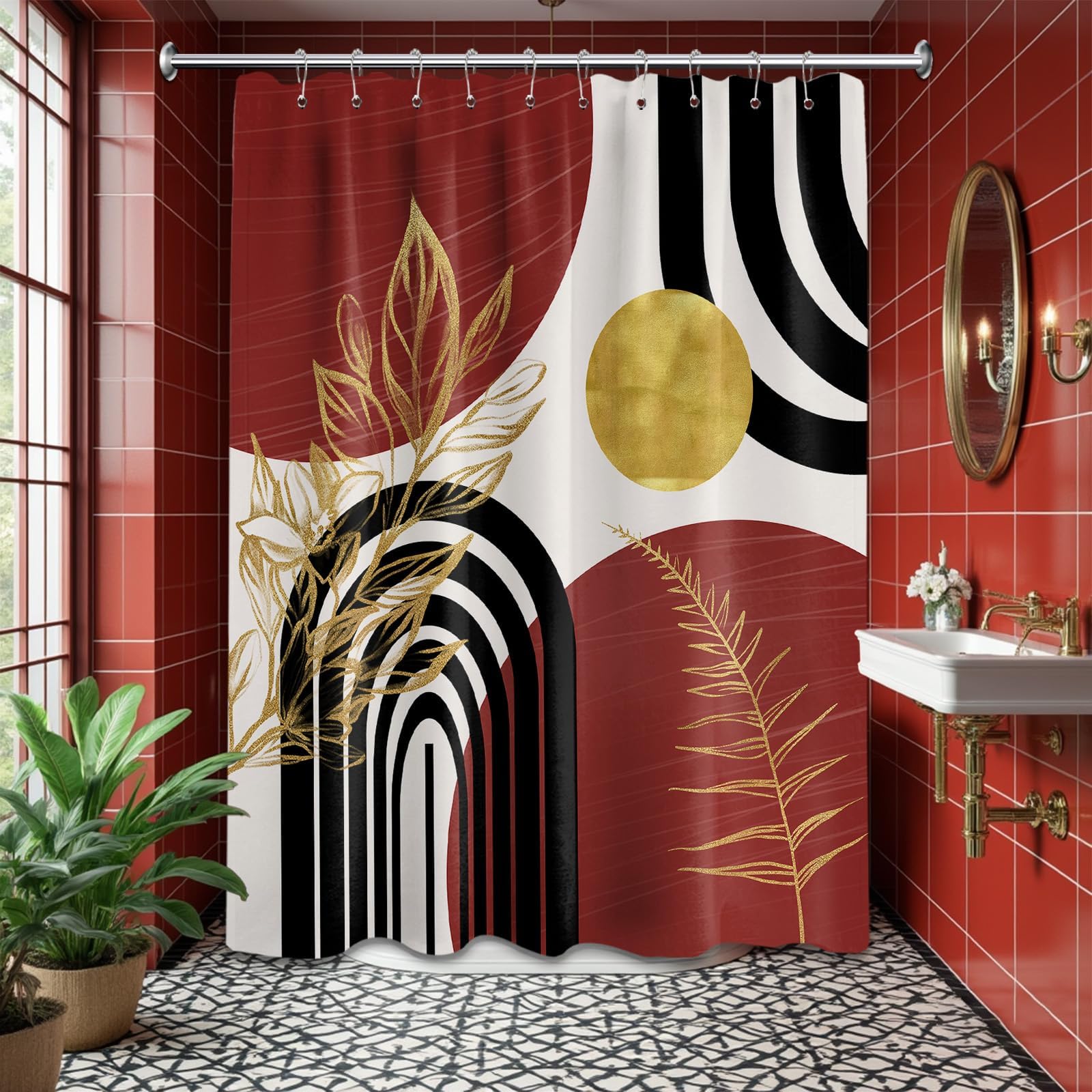 Mid Century Modern Black and Brown Shower Curtain Boho Beige and Dark Tan Gold Shower Curtains for Mens Bathroom Decor Sets, Waterproof Cloth Fabric with Hooks, 70x72in