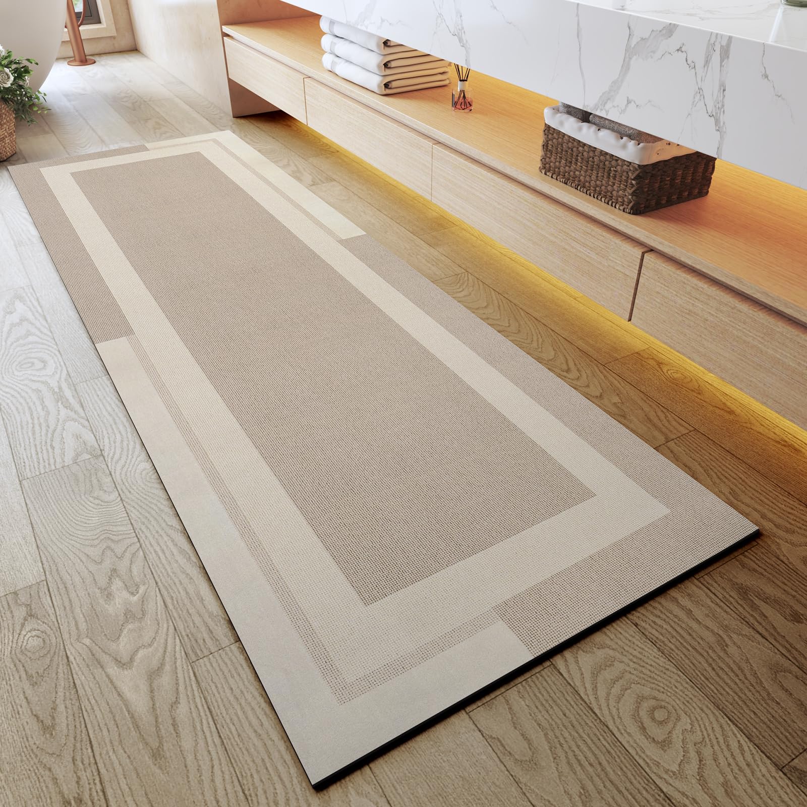 YDKGL Non Slip Bath Mat, Rubber Backing Ultra Thin Bathroom Rugs Fit Under Door Quick Dry Super Absorbent Washable Bath Rug Shower Mat for Bathroom Floor Bathtub Shower Sink, Easy Care Beige 16"x 24"