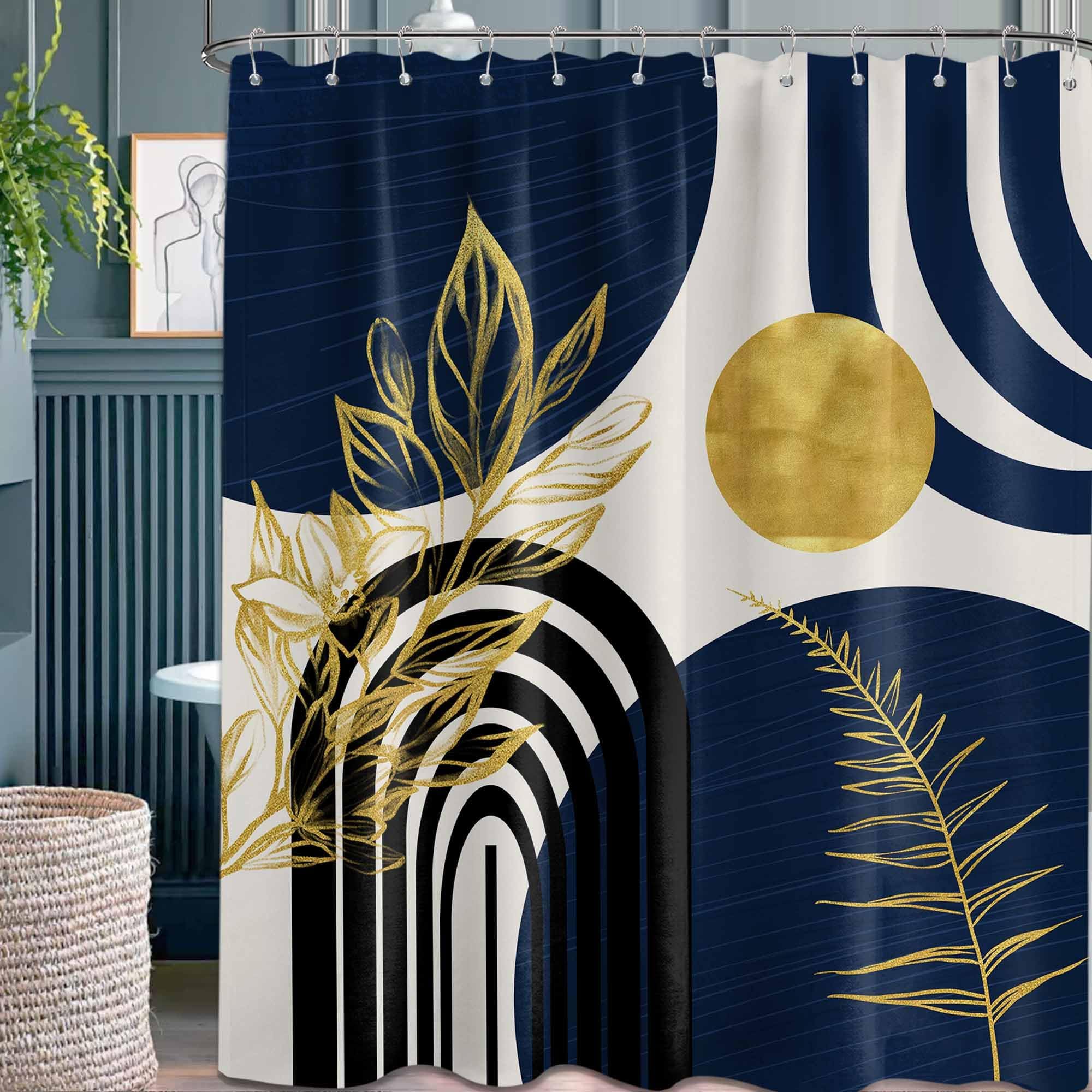 Mid Century Modern Black and Brown Shower Curtain Boho Beige and Dark Tan Gold Shower Curtains for Mens Bathroom Decor Sets, Waterproof Cloth Fabric with Hooks, 70x72in