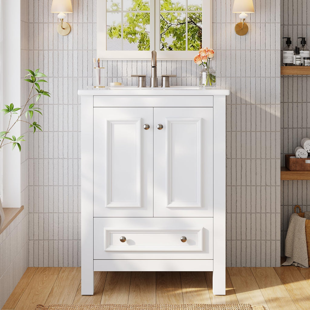 Tribesigns 30" Modern Bathroom Vanity with Sink, Freestanding Bathroom Vanities Cabinet with Ceramic Basin Combo, Bathroom Sink Cabinet with 2 Doors and 1 Drawer, Solid Wooden Frame, Olive Green