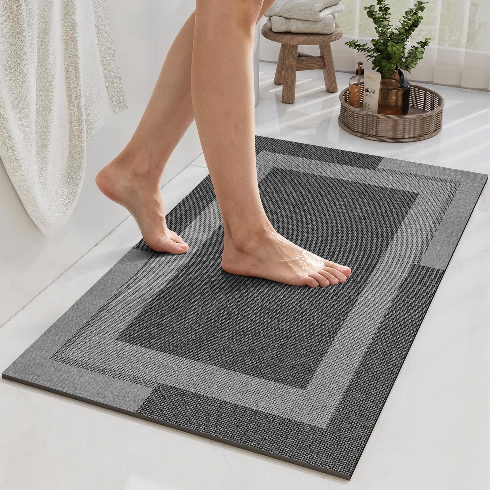 YDKGL Non Slip Bath Mat, Rubber Backing Ultra Thin Bathroom Rugs Fit Under Door Quick Dry Super Absorbent Washable Bath Rug Shower Mat for Bathroom Floor Bathtub Shower Sink, Easy Care Beige 16"x 24"