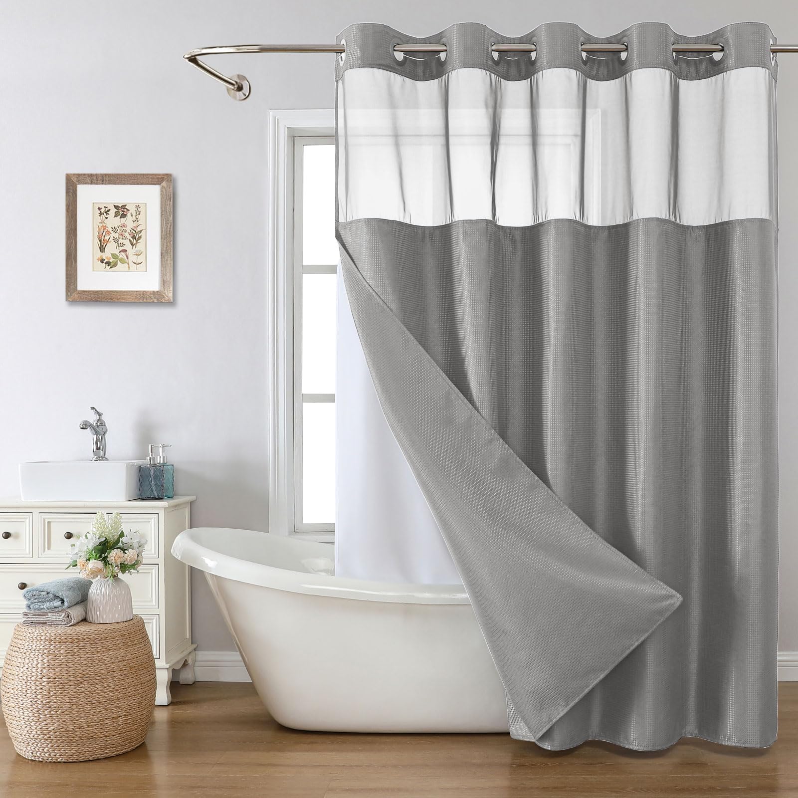 eachope Stall No Hook Shower Curtain with Snap-in Fabric Liner Set,Waffle Weave Shower Curtains for Bathroom,Hotel Luxury Decor Bathroom Curtain Set,Waterproof & Washable,White,54Wx80H