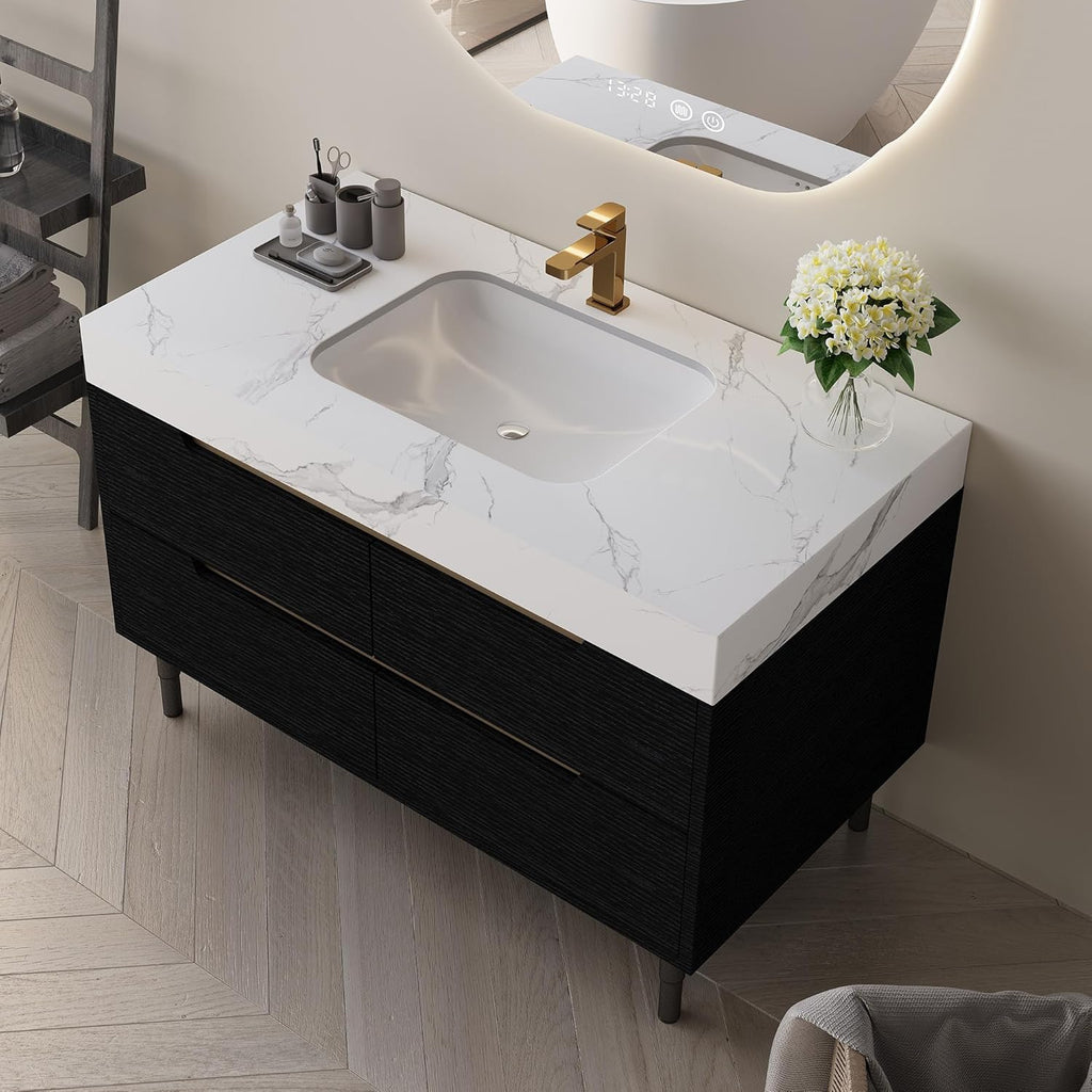 Glintee 36" Modern Bathroom Vanity with Ceramic Sink – Sintered Stone Top, 4 Soft-Close Drawers, Sturdy Solid Wood Cabinet, Wall-Mounted or Freestanding, Easy Assembly, Black & White