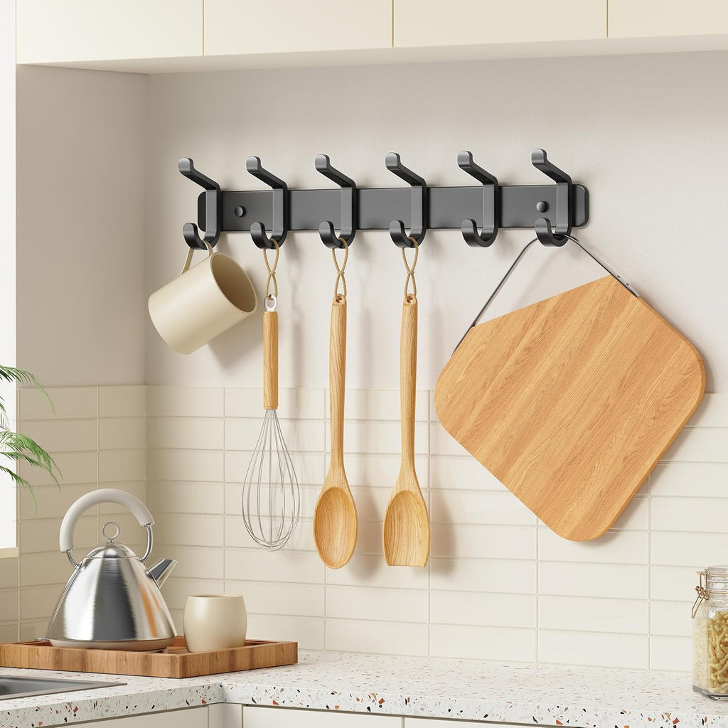 pickpiff Coat Rack Wall Mounted Heavy-Duty: Metal Coat Hanger 6 Hooks for Hanging Hat, Clothes, Robe, Keys, Backpack, Bathroom Towels, Jacket, Purse - Closet, Door, Entryway, Mudroom (Black, 1 Pack)