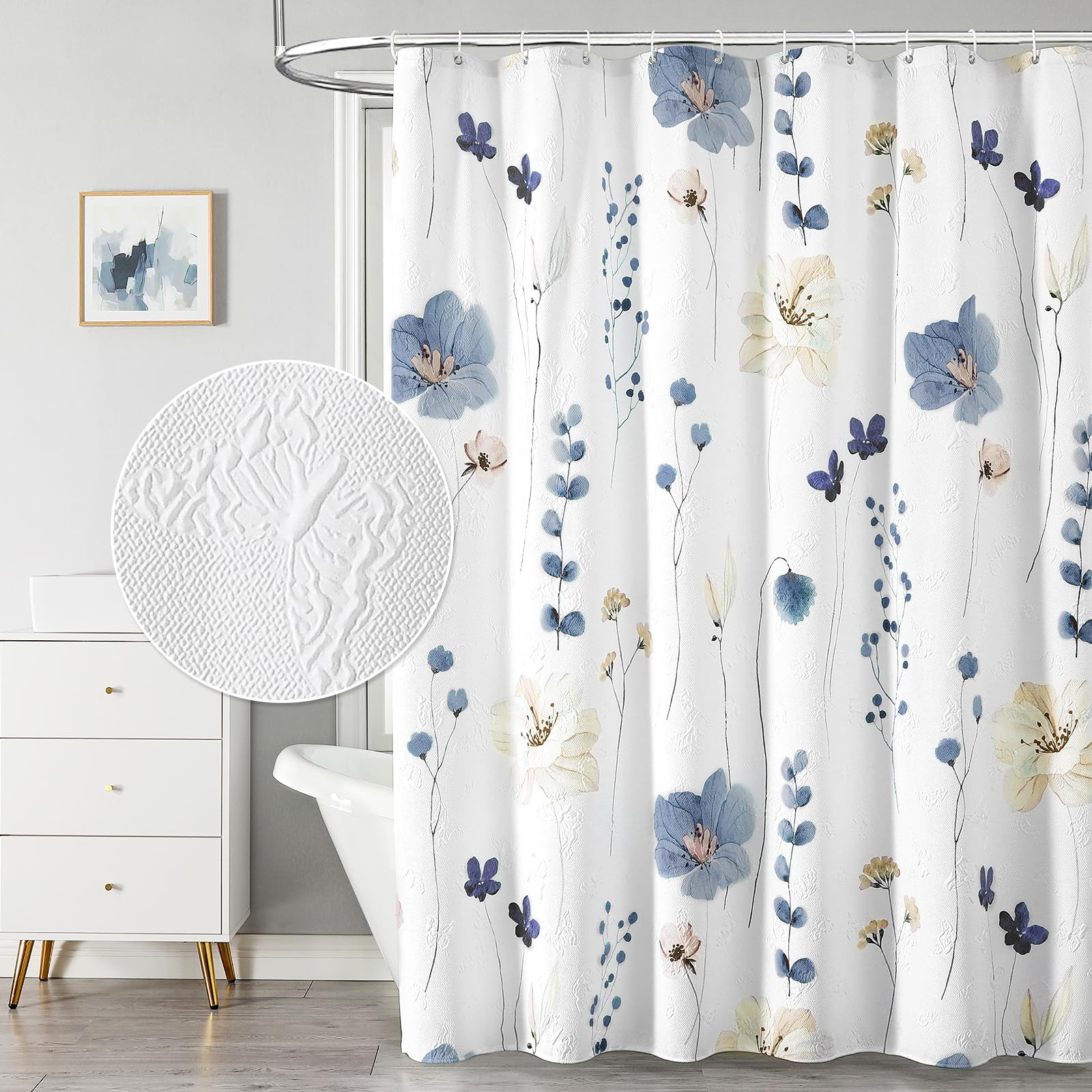 QiyI Watercolor Floral Shower Curtain, 3D Embossed Butterflies Grey Beige Flower Bathroom Curtains, Minimalist White Cloth Bath Curtain, Waterproof Fabric Textured Shower Curtain Set with Hooks, 72x72
