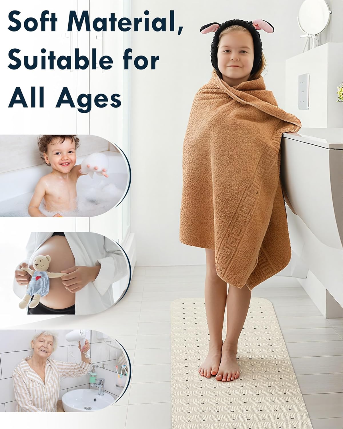 Bathtub Mat Non Slip with 2 Hooks, 40"x16" Extra Large Bath mat for Tub & Shower, Anti Slip, Machine Washable, Soft & Comfortable for Families, Sand