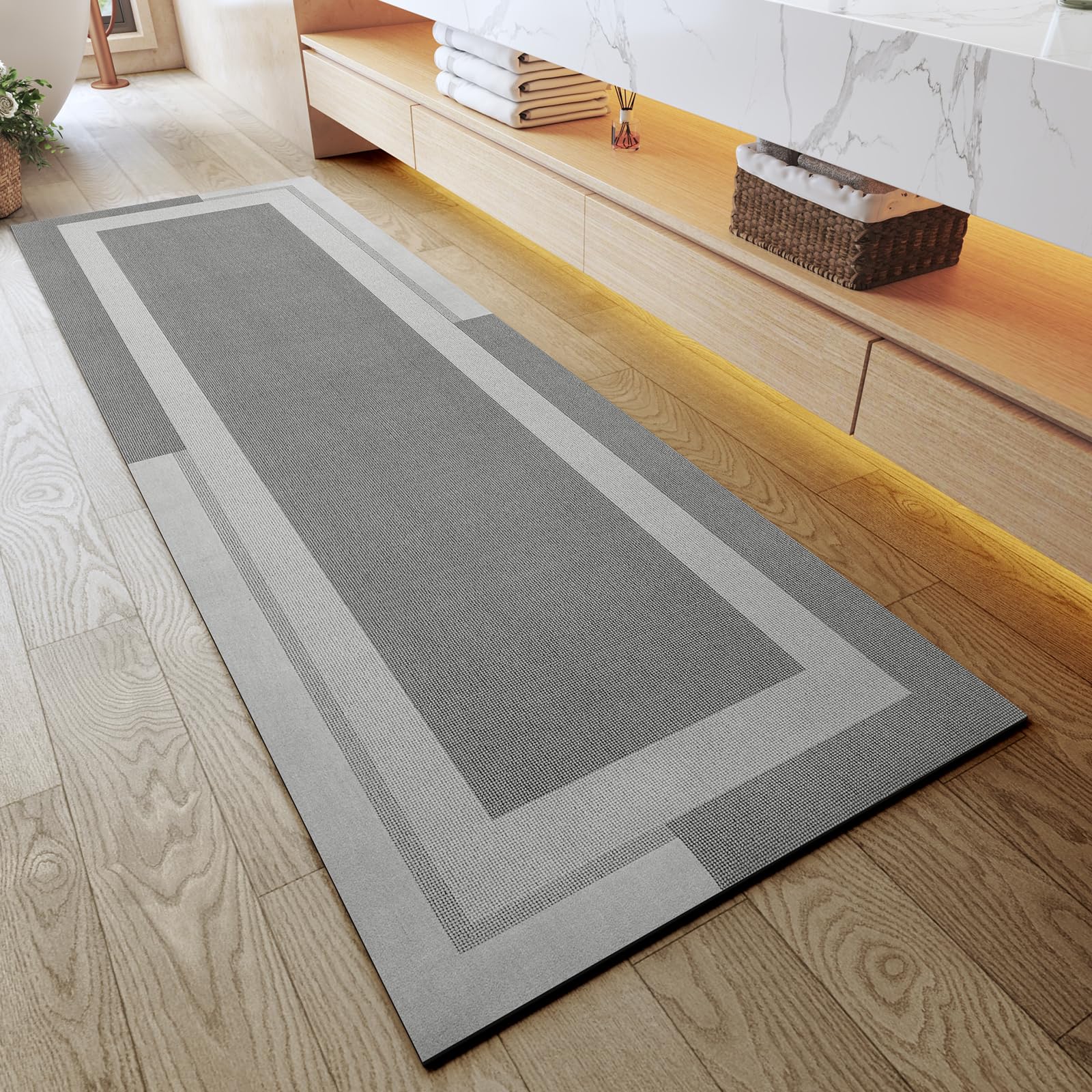 YDKGL Non Slip Bath Mat, Rubber Backing Ultra Thin Bathroom Rugs Fit Under Door Quick Dry Super Absorbent Washable Bath Rug Shower Mat for Bathroom Floor Bathtub Shower Sink, Easy Care Beige 16"x 24"