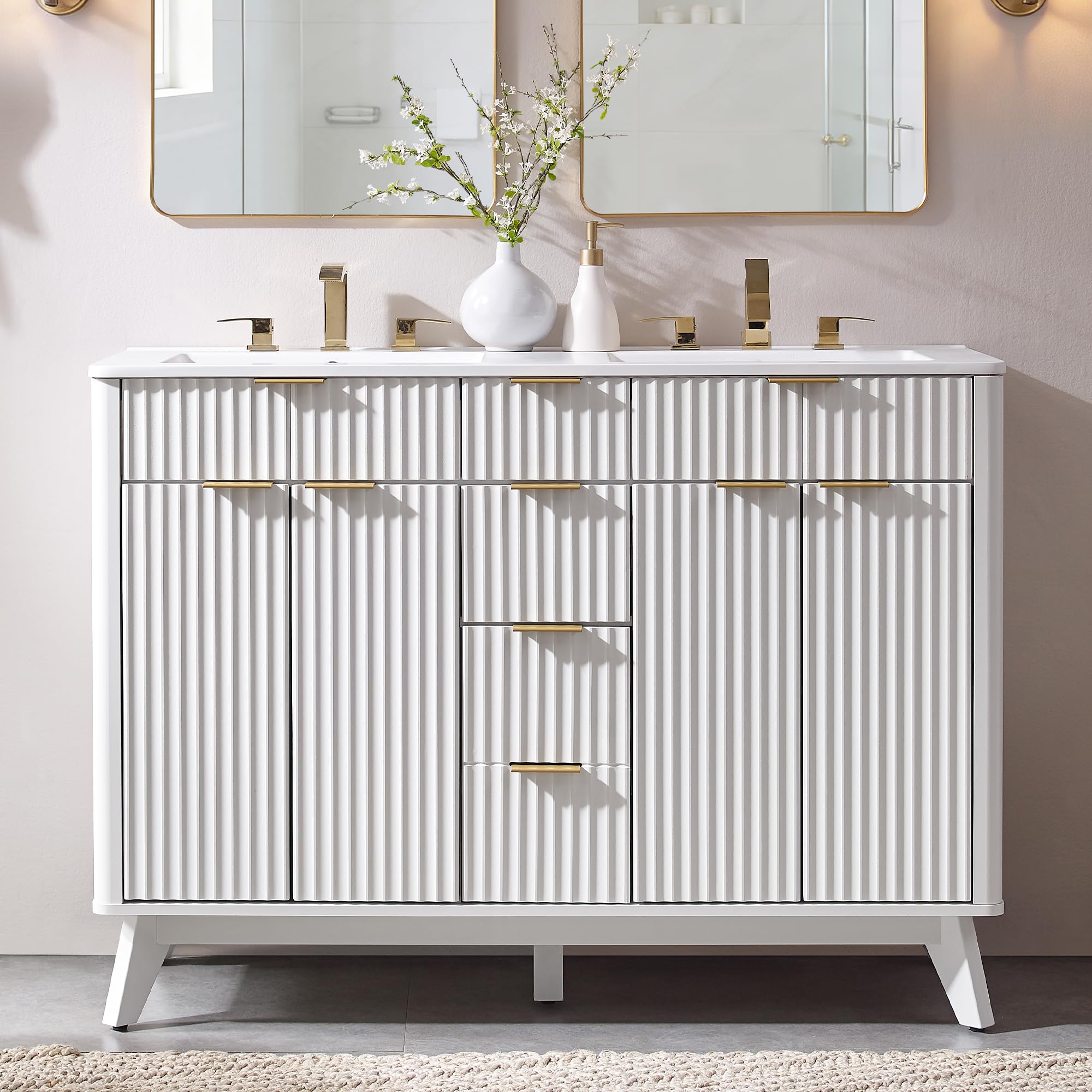 T4TREAM 30" Fluted Bathroom Vanity with Ceramic Sink Combo，Freestanding Modern Bathroom Storage Vanity Cabinet with 2 Soft Closing Doors & 3 Drawers，Wood Grain Texture，Metal Handle，Natural Oak | Fluted, Freestanding, Modern, Bathroom Storage, Vanity Cabin