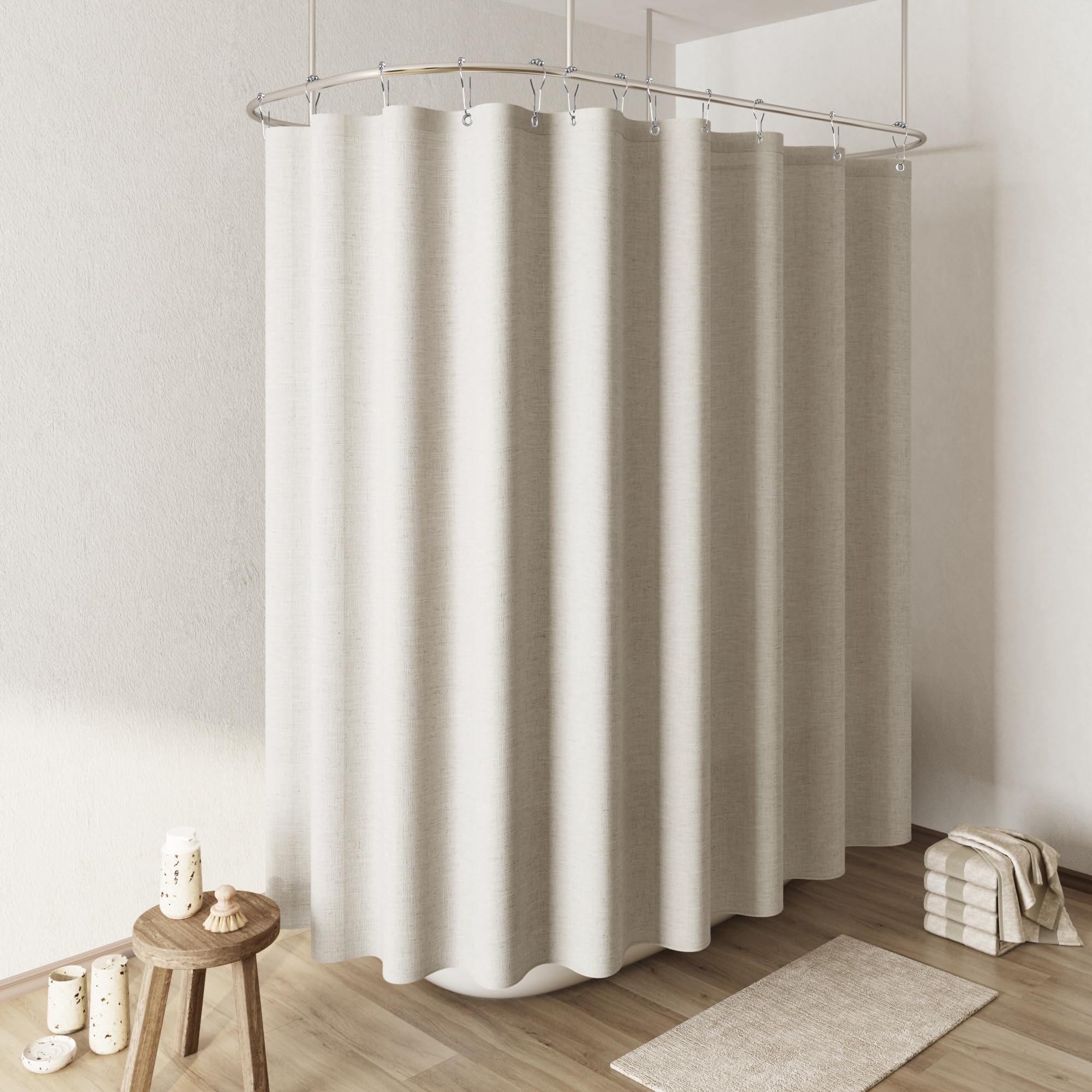 Naturoom Natural Linen Shower Curtain, Country Boho Farmhouse Bath Decor Beige Shower Curtains for Bathroom Neutral Cloth Weighted Textured Fabric Bath Curtain Liner with Hooks, Cream, 72 Inch