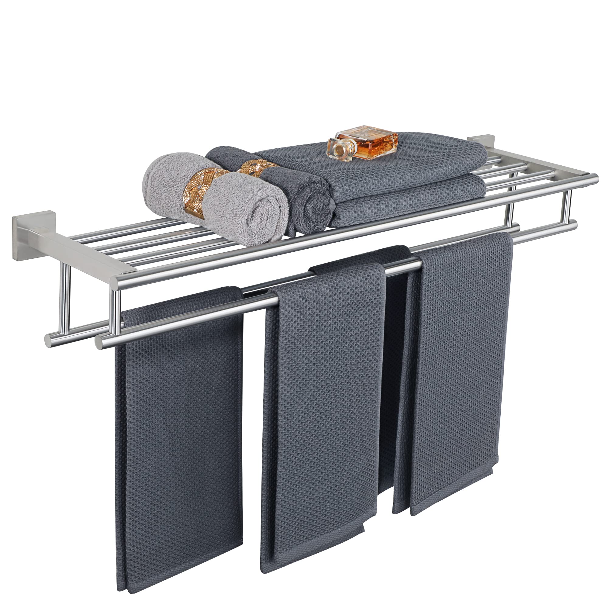 Alise Double Towel Rack for Bathroom Wall Mounted,24 Inch Bathroom Tower Holder Black Towel Rack with Double Towel Bars,SUS304 Stainless Steel Towel Bar Towel Rack with Shelf,Matte Black