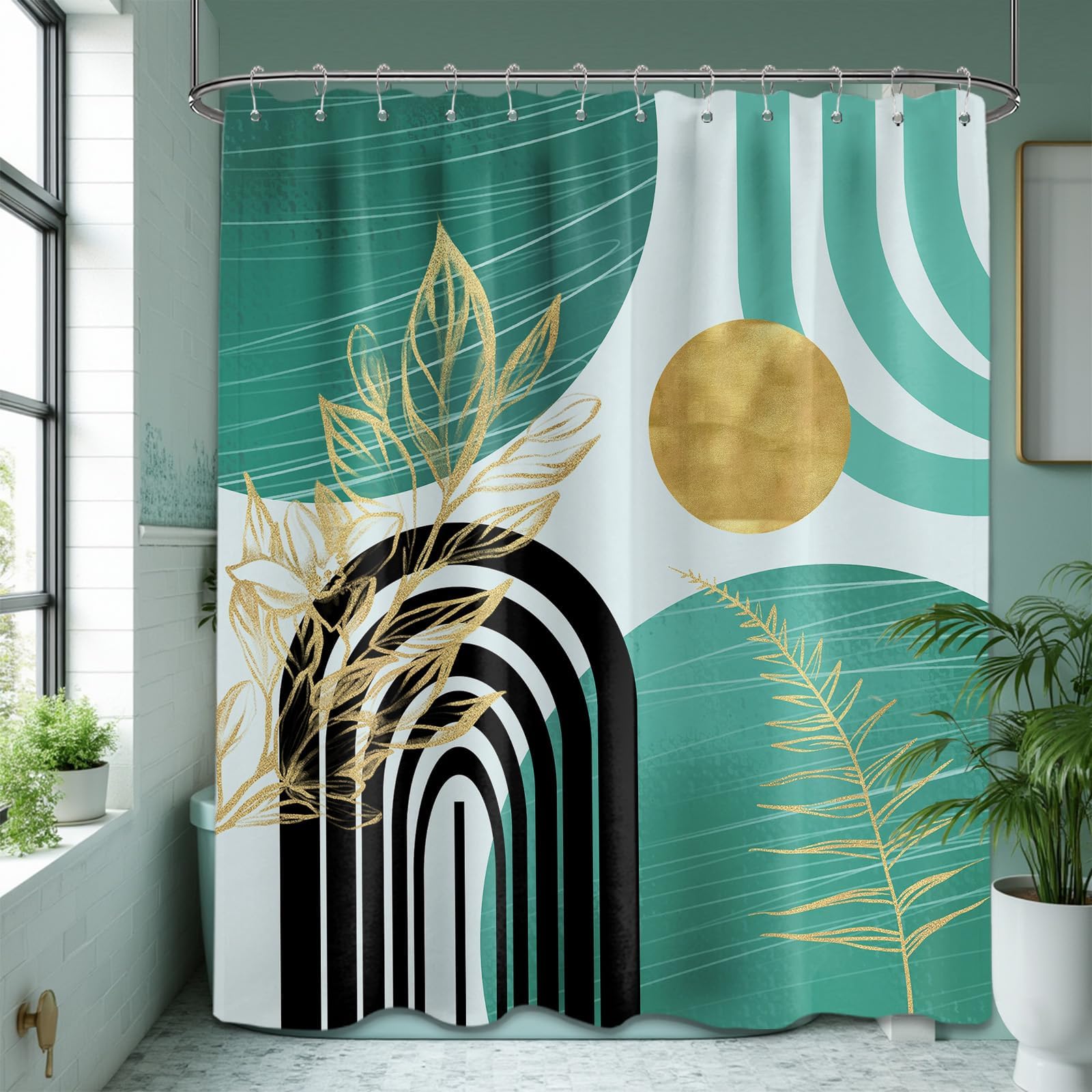 Mid Century Modern Black and Brown Shower Curtain Boho Beige and Dark Tan Gold Shower Curtains for Mens Bathroom Decor Sets, Waterproof Cloth Fabric with Hooks, 70x72in
