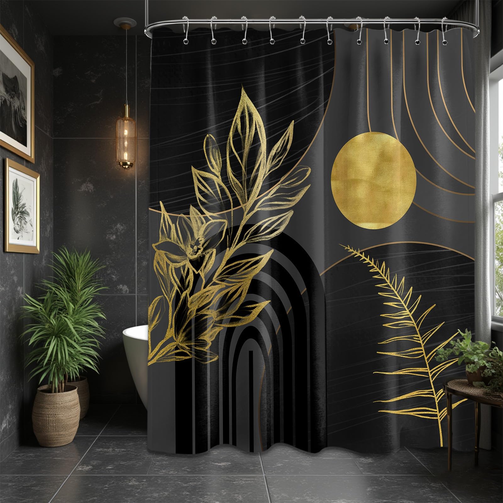 Mid Century Modern Black and Brown Shower Curtain Boho Beige and Dark Tan Gold Shower Curtains for Mens Bathroom Decor Sets, Waterproof Cloth Fabric with Hooks, 70x72in