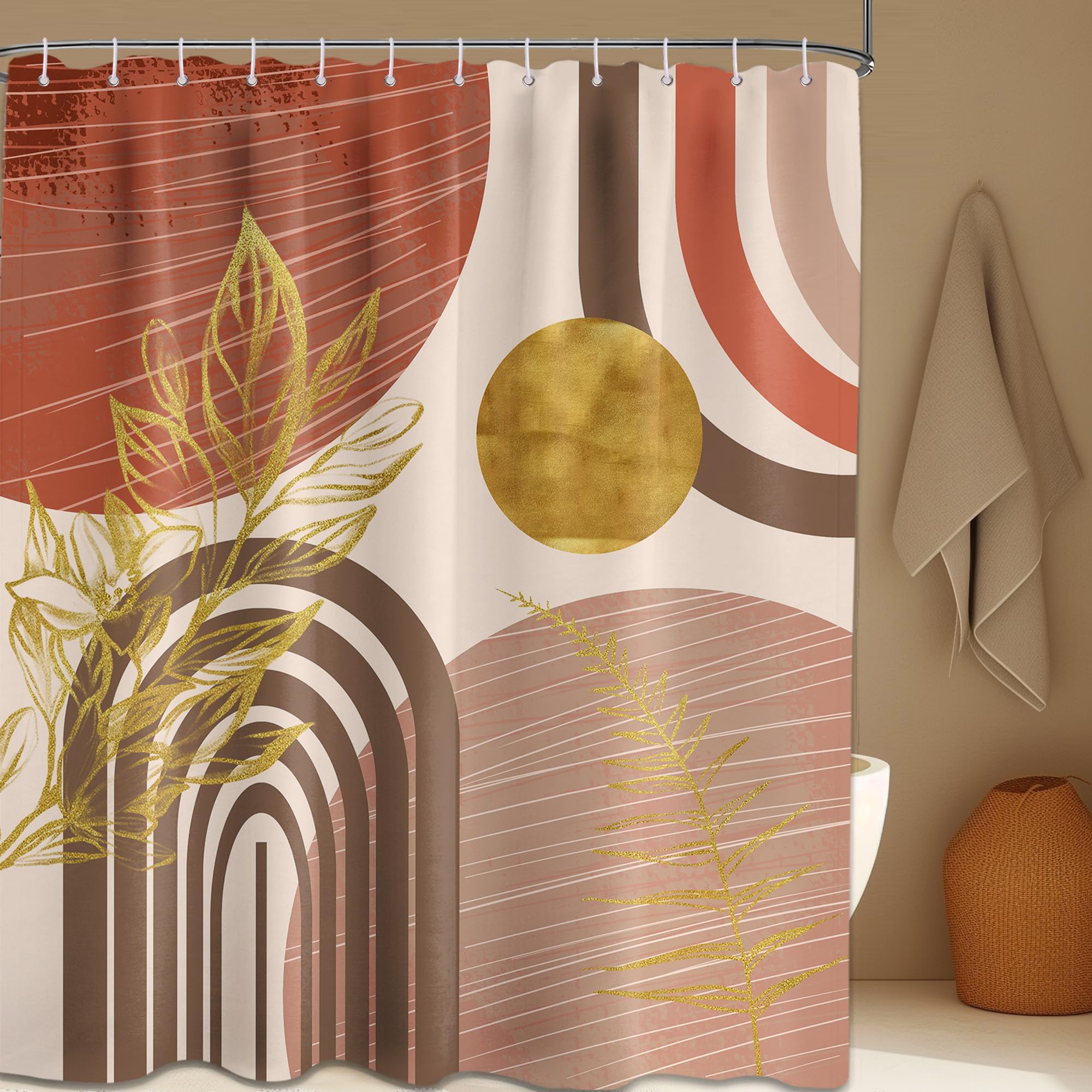 Mid Century Modern Black and Brown Shower Curtain Boho Beige and Dark Tan Gold Shower Curtains for Mens Bathroom Decor Sets, Waterproof Cloth Fabric with Hooks, 70x72in
