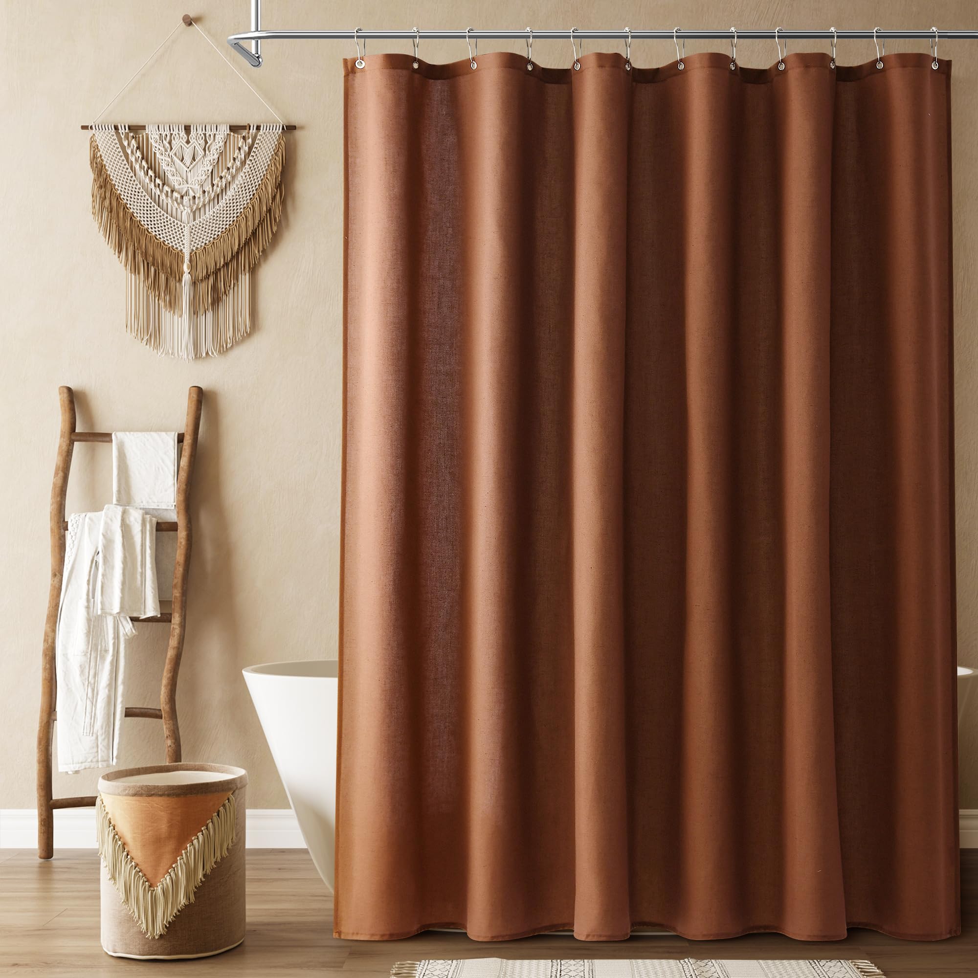 Naturoom Natural Linen Shower Curtain, Country Boho Farmhouse Bath Decor Beige Shower Curtains for Bathroom Neutral Cloth Weighted Textured Fabric Bath Curtain Liner with Hooks, Cream, 72 Inch