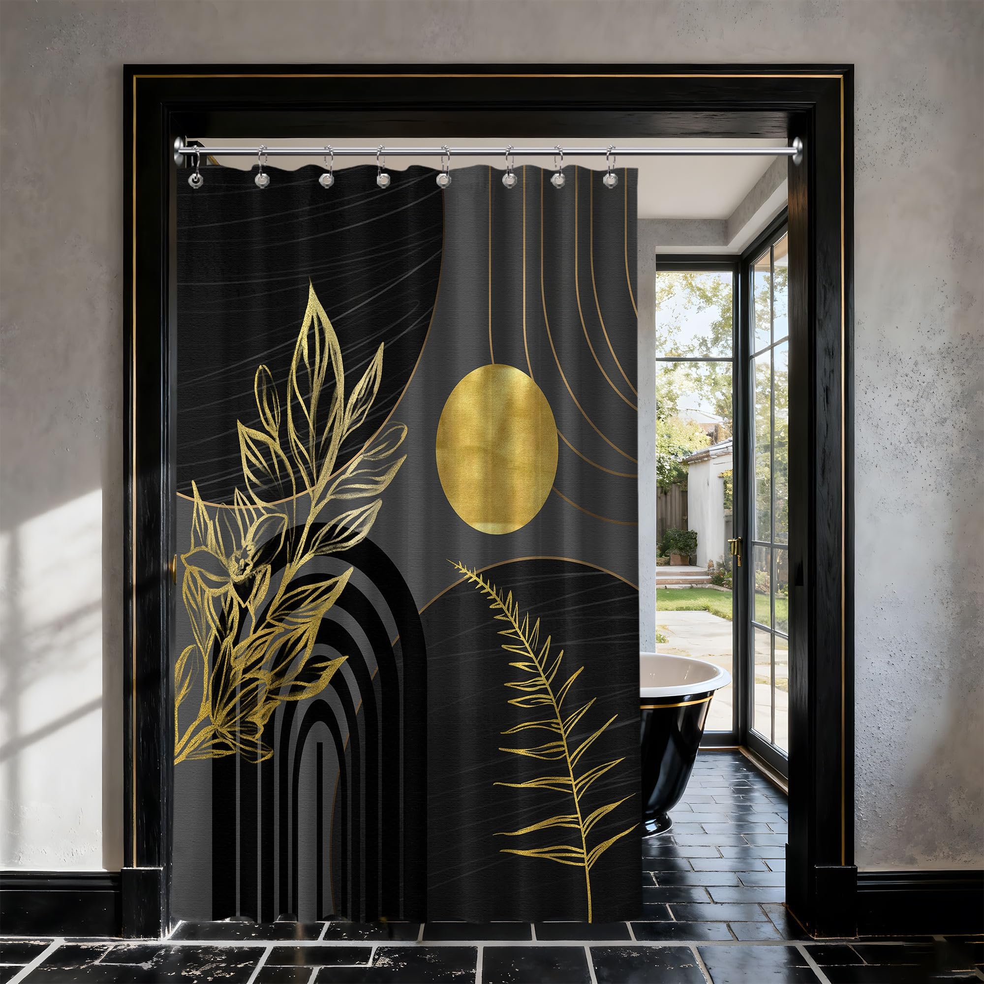 Mid Century Modern Black and Brown Shower Curtain Boho Beige and Dark Tan Gold Shower Curtains for Mens Bathroom Decor Sets, Waterproof Cloth Fabric with Hooks, 70x72in