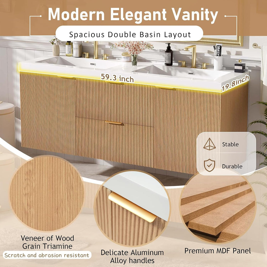 60" Bathroom Vanity with Sink Combo, Floating Double Sink Bathroom Vanity with SMC Resin Top, MDF Cabinet with Solid Wood Frame, Wall-Mounted Bath Room Vanities for Large Bathrooms, Wood