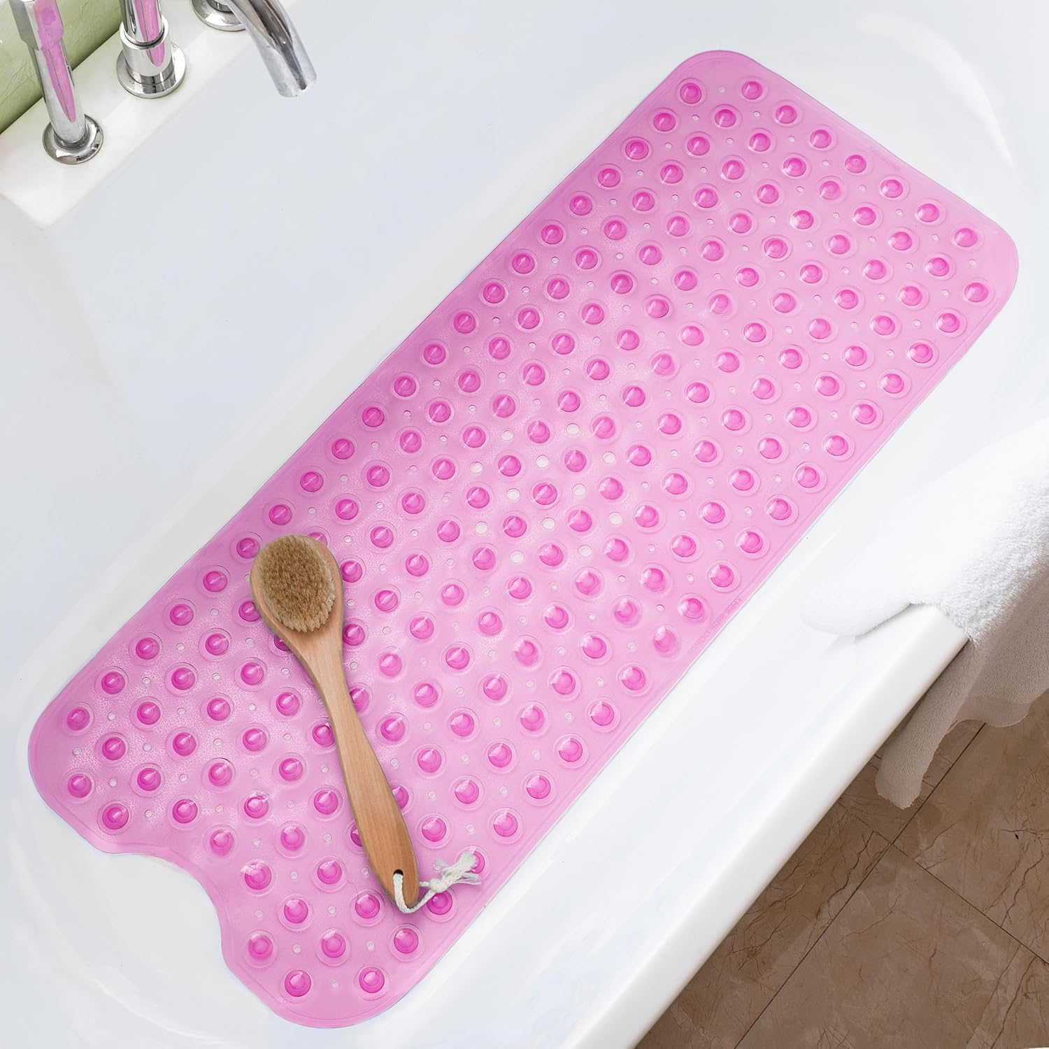 Bathtub Mats for Shower Tub Non-Slip Bath Mat 39 x 16 Inch Extra Long Shower Mat, Bath Tub Mat for Bathroom with Machine Washable, BPA Free for Kids (Clear Hot Pink)