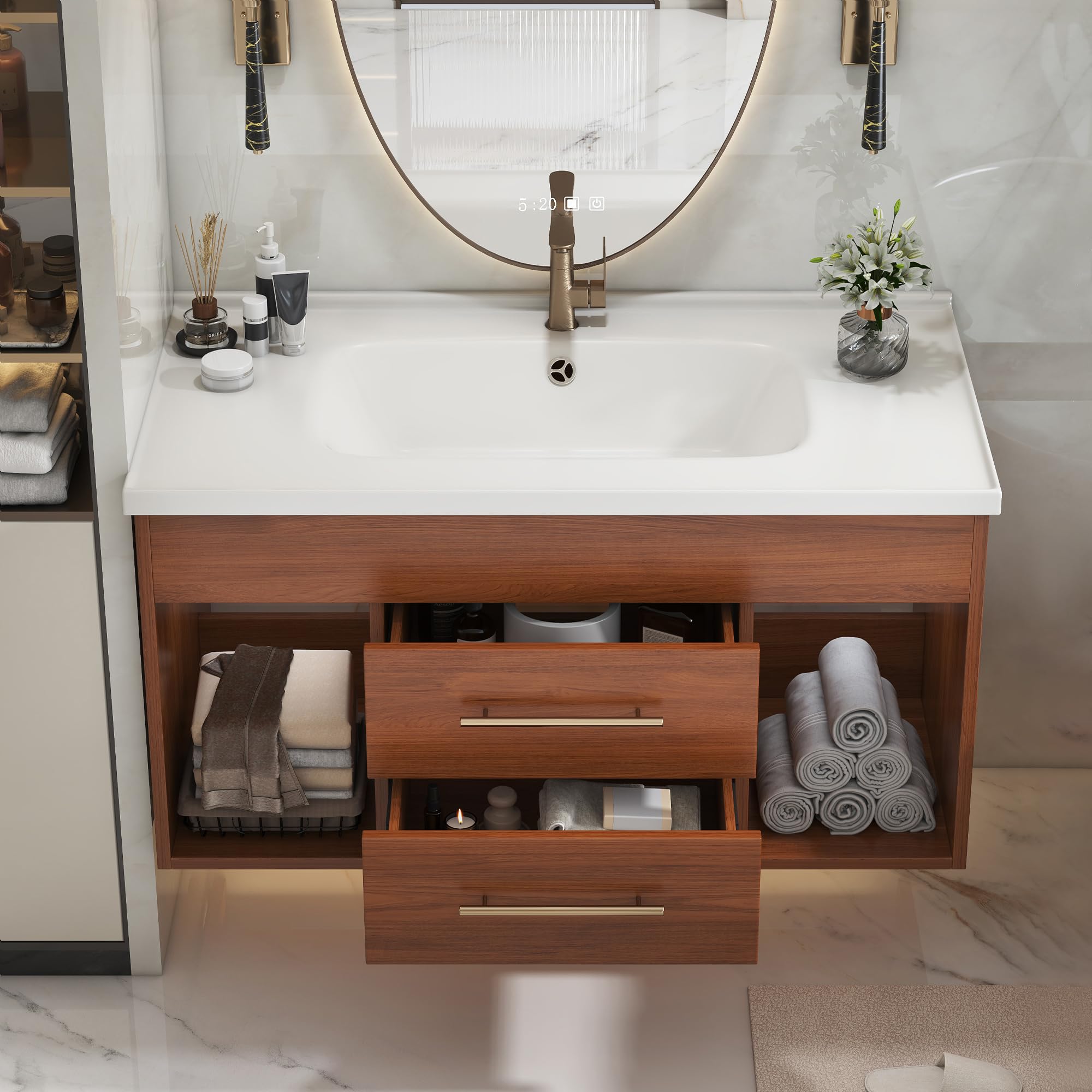 Glintee 36" Modern Bathroom Vanity with Ceramic Sink – Sintered Stone Top, 4 Soft-Close Drawers, Sturdy Solid Wood Cabinet, Wall-Mounted or Freestanding, Easy Assembly, Black & White
