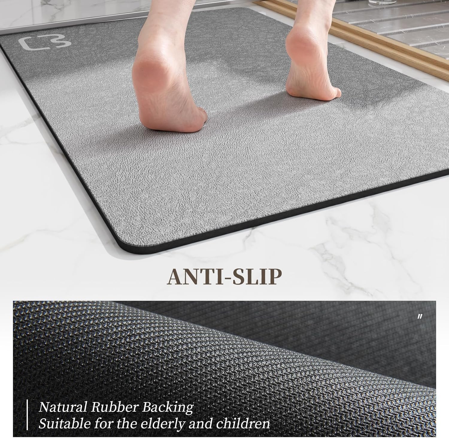 Bathroom Runner Mat Rugs Long Diatomite Stone Bath Mat Large Super Absorbent Diatomaceous Earth Bath Mat Non Slip Rubber Backed Fast Dry Shower Mat Thin Bathroom Rugs Floor Mat,15.7"x47.2",Grey
