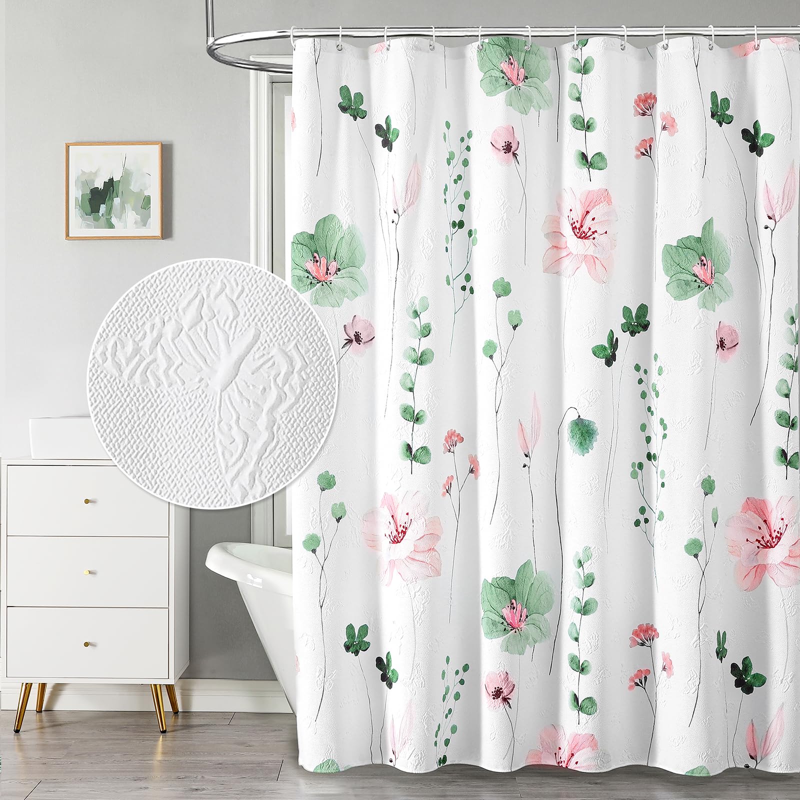 QiyI Watercolor Floral Shower Curtain, 3D Embossed Butterflies Grey Beige Flower Bathroom Curtains, Minimalist White Cloth Bath Curtain, Waterproof Fabric Textured Shower Curtain Set with Hooks, 72x72