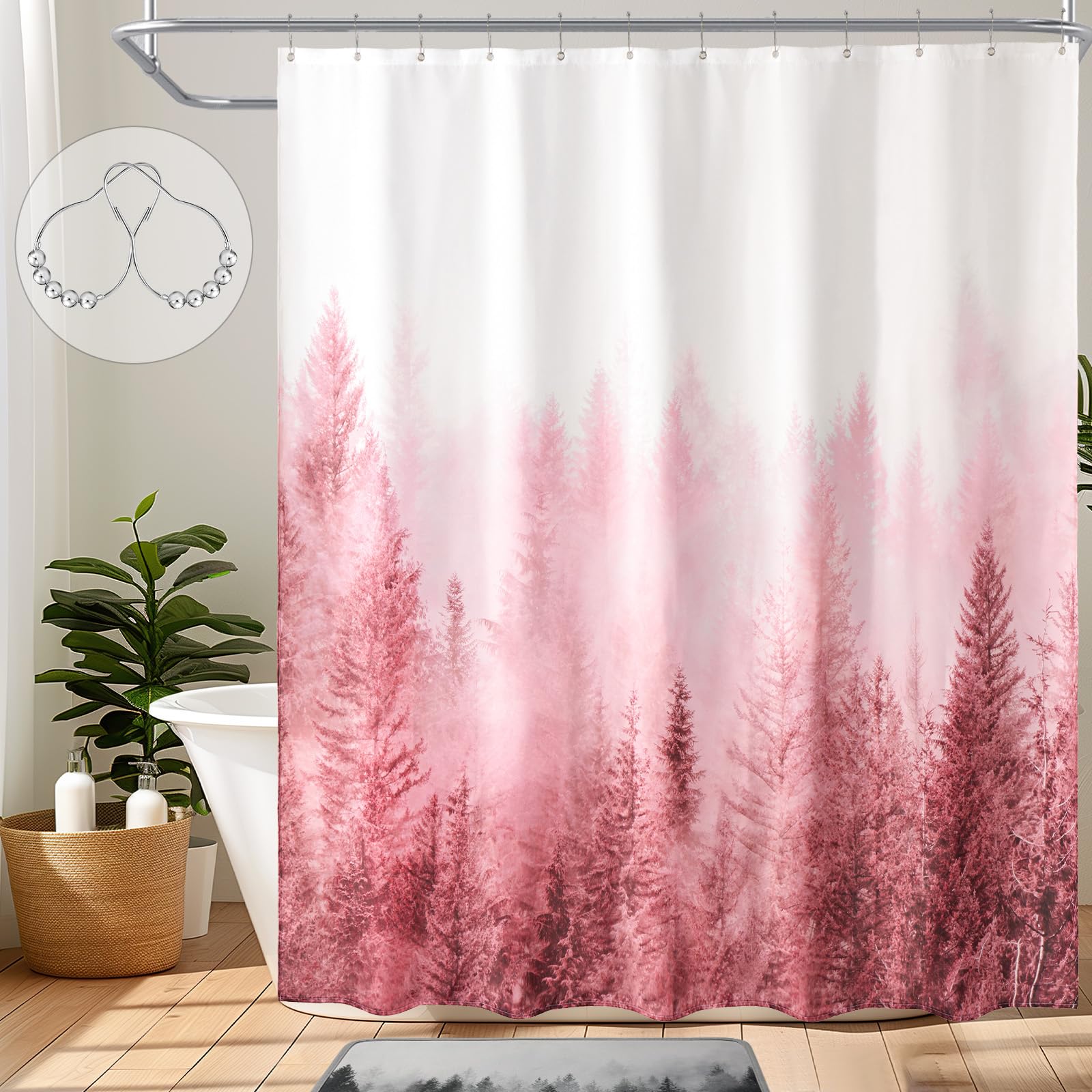 ORTIGIA Dark Green Misty Forest Shower Curtain for Bathroom, Nature Woodland Shower Curtain Set with Hooks, Decorative Pine Tree Fog Magic Bath Curtain for Home, Waterproof Fabric, Weighted, 72x72