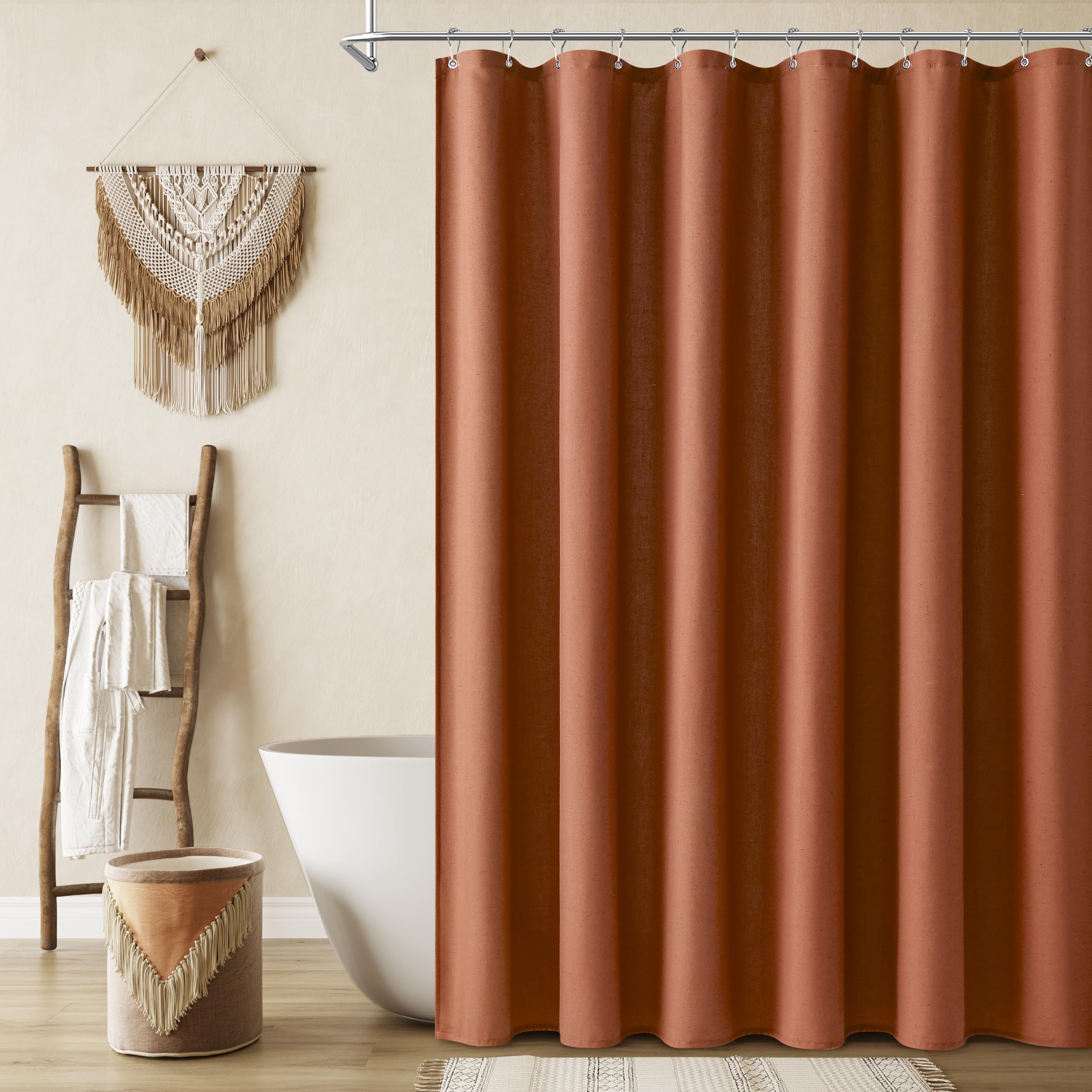 Naturoom Natural Linen Shower Curtain, Country Boho Farmhouse Bath Decor Beige Shower Curtains for Bathroom Neutral Cloth Weighted Textured Fabric Bath Curtain Liner with Hooks, Cream, 72 Inch