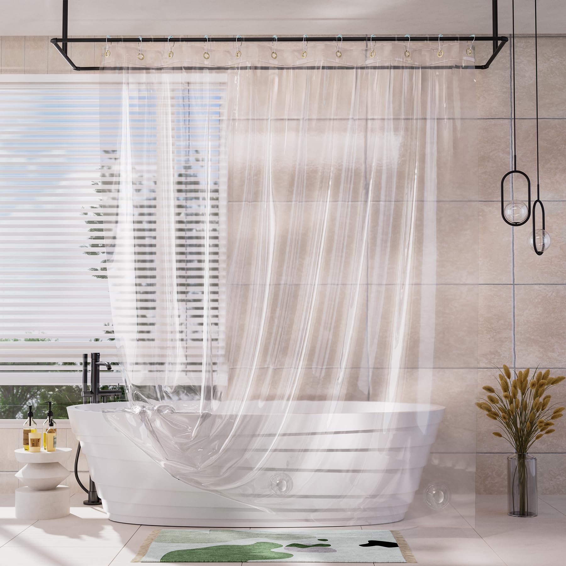 AmazerBath Shower Curtain Liner, 100% EVA Soft Clear Amber Heavy Duty Shower Curtain and Liner 2-in-1, 72x72 Luxury Plastic Weighted Bathroom Shower Liner, 12 Rustproof Grommets & 3 Heavyweight Stones
