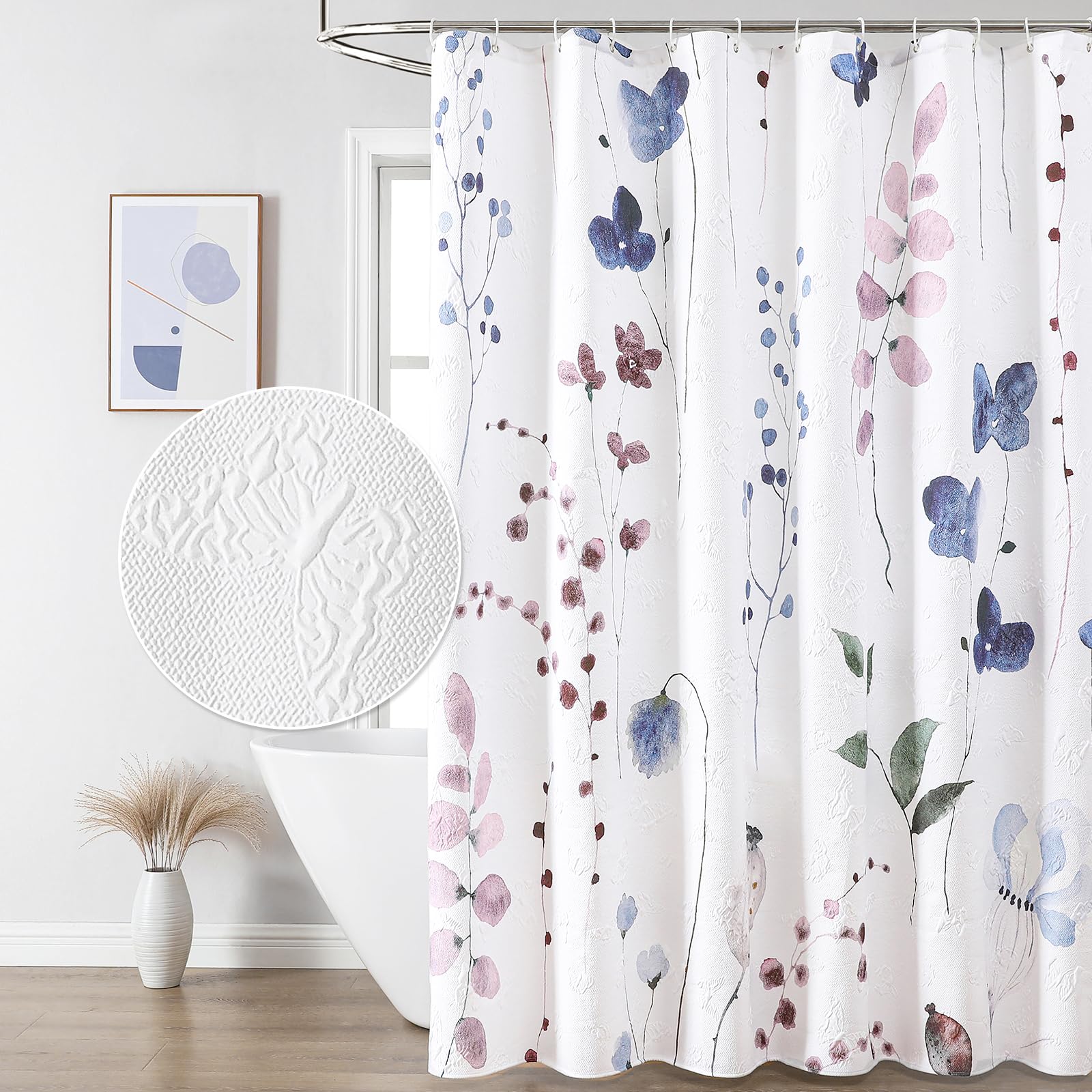 QiyI Watercolor Floral Shower Curtain, 3D Embossed Butterflies Grey Beige Flower Bathroom Curtains, Minimalist White Cloth Bath Curtain, Waterproof Fabric Textured Shower Curtain Set with Hooks, 72x72