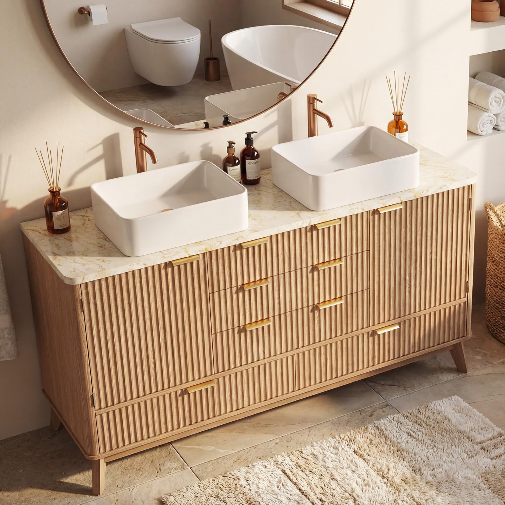 Concho 55'' Fluted Bathroom Vanity with Double Ceramic Sink, Modern Bathroom Sink Storage Cabinet with Wood Marble Top & 4 Spacious Drawers, Freestanding Bathroom Vanity Cabinet, Natural Oak