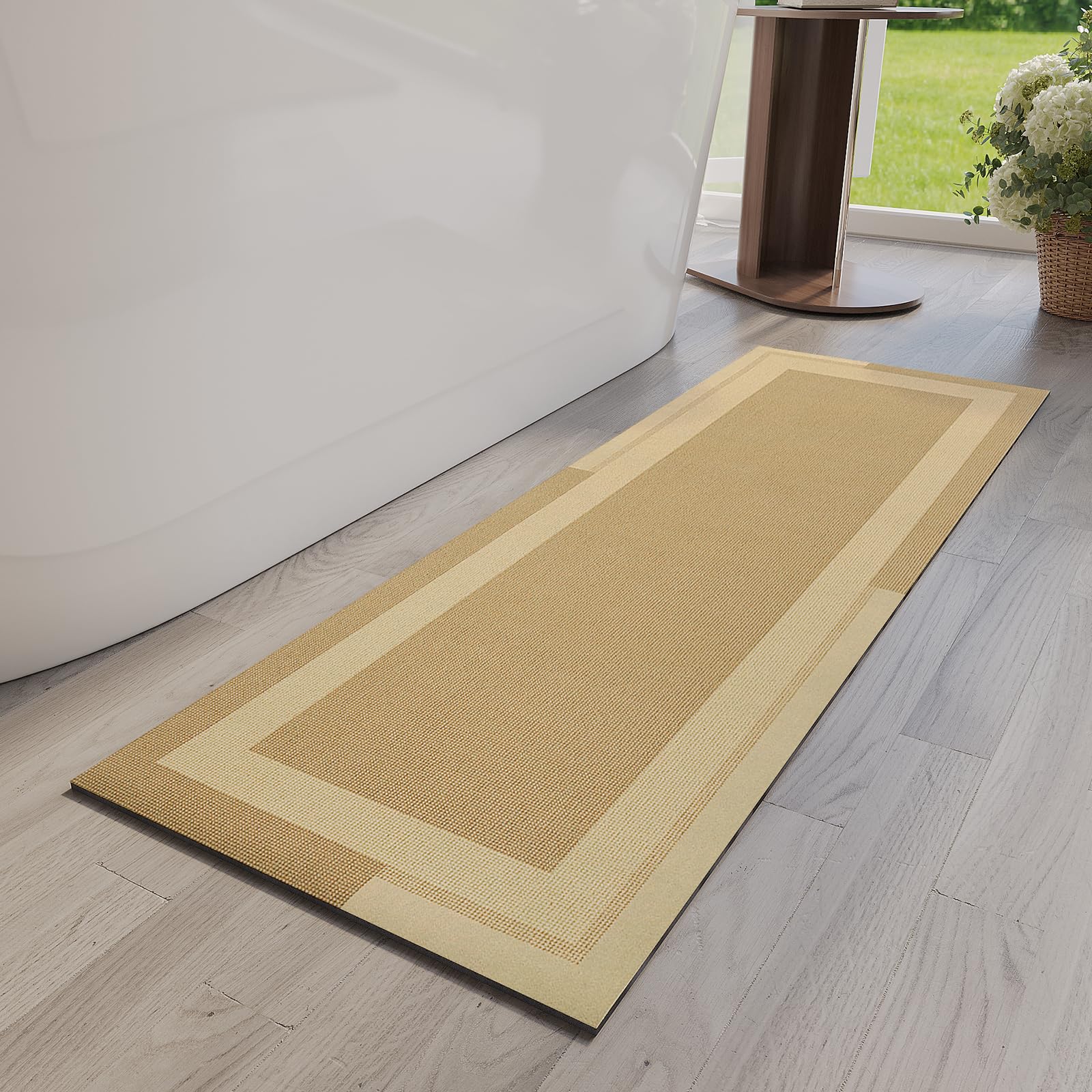 YDKGL Non Slip Bath Mat, Rubber Backing Ultra Thin Bathroom Rugs Fit Under Door Quick Dry Super Absorbent Washable Bath Rug Shower Mat for Bathroom Floor Bathtub Shower Sink, Easy Care Beige 16"x 24"