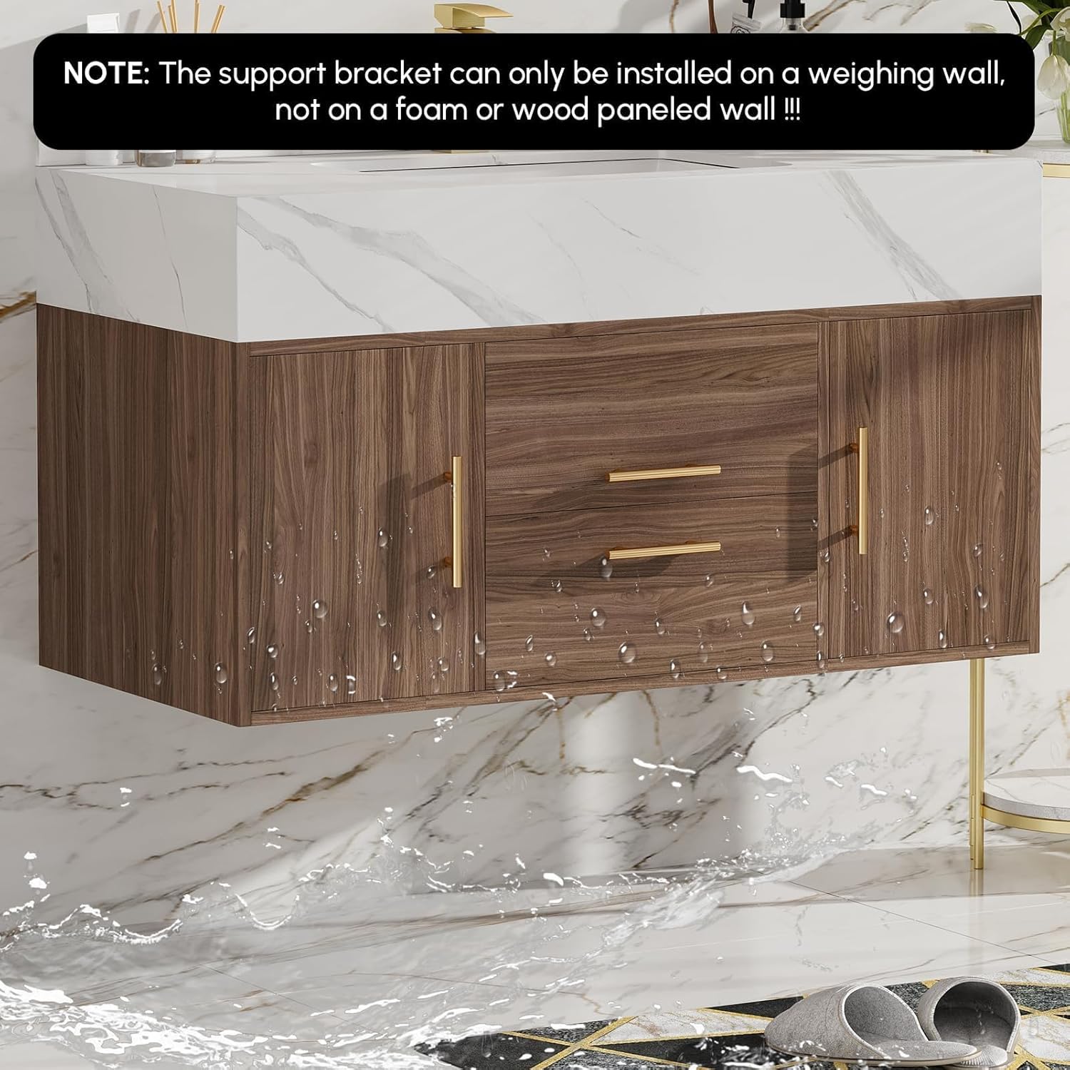 homary 39.4" Bathroom Vanity with Sink-Modern Bathroom Floating Vanity with Sintered Stone Countertop and 2 Drawers 2 Storage Cabinets, Undercounter Ceramic Sink, Walnut