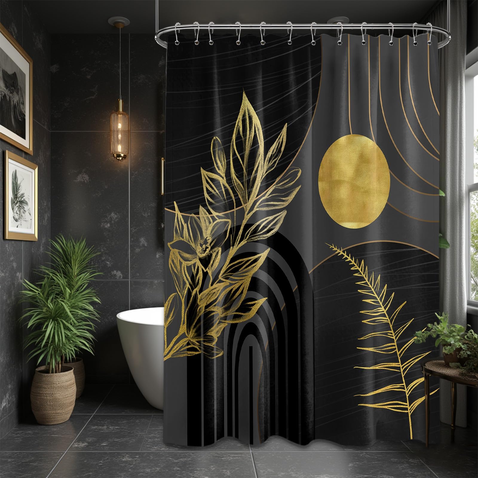 Mid Century Modern Black and Brown Shower Curtain Boho Beige and Dark Tan Gold Shower Curtains for Mens Bathroom Decor Sets, Waterproof Cloth Fabric with Hooks, 70x72in