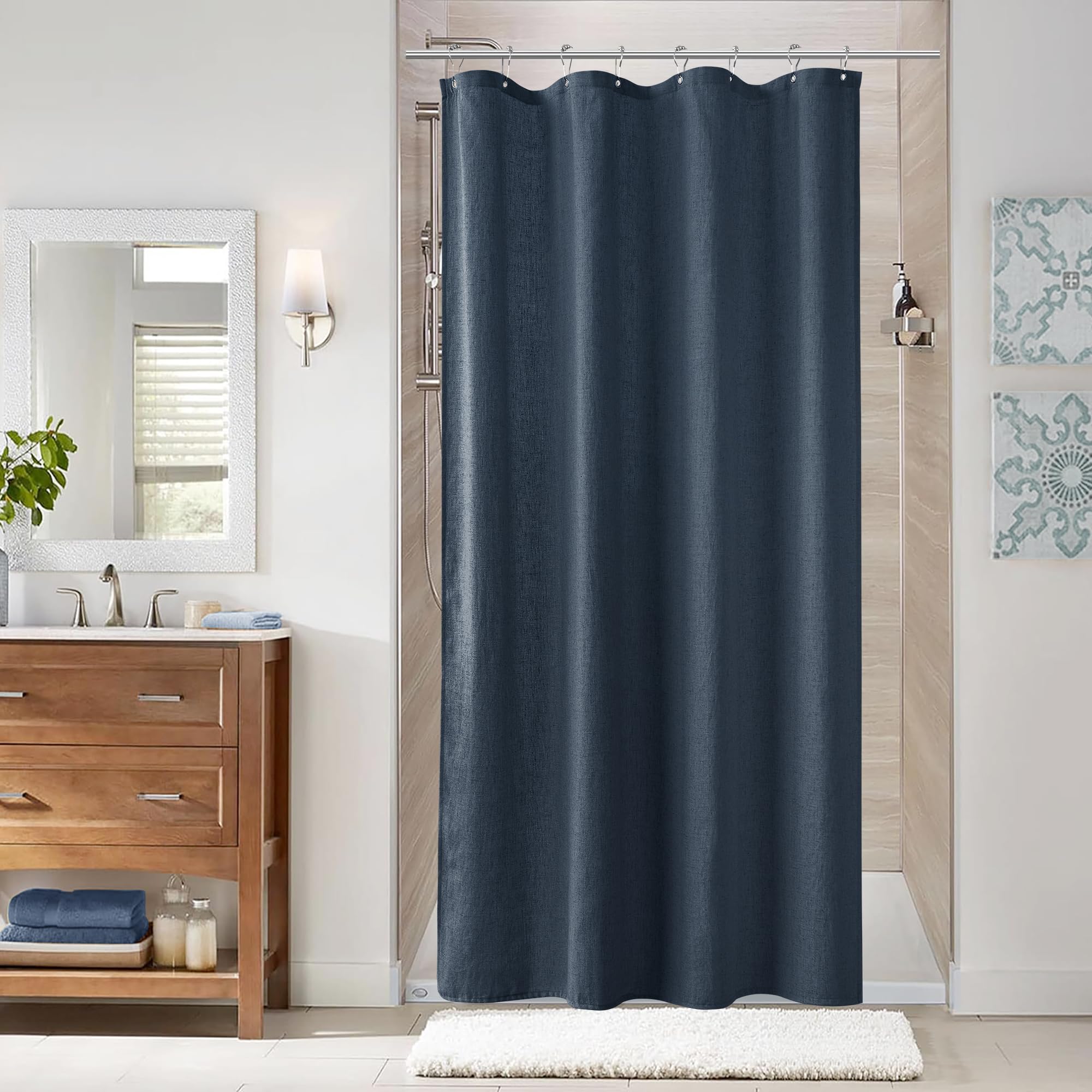 Naturoom Natural Linen Shower Curtain, Country Boho Farmhouse Bath Decor Beige Shower Curtains for Bathroom Neutral Cloth Weighted Textured Fabric Bath Curtain Liner with Hooks, Cream, 72 Inch